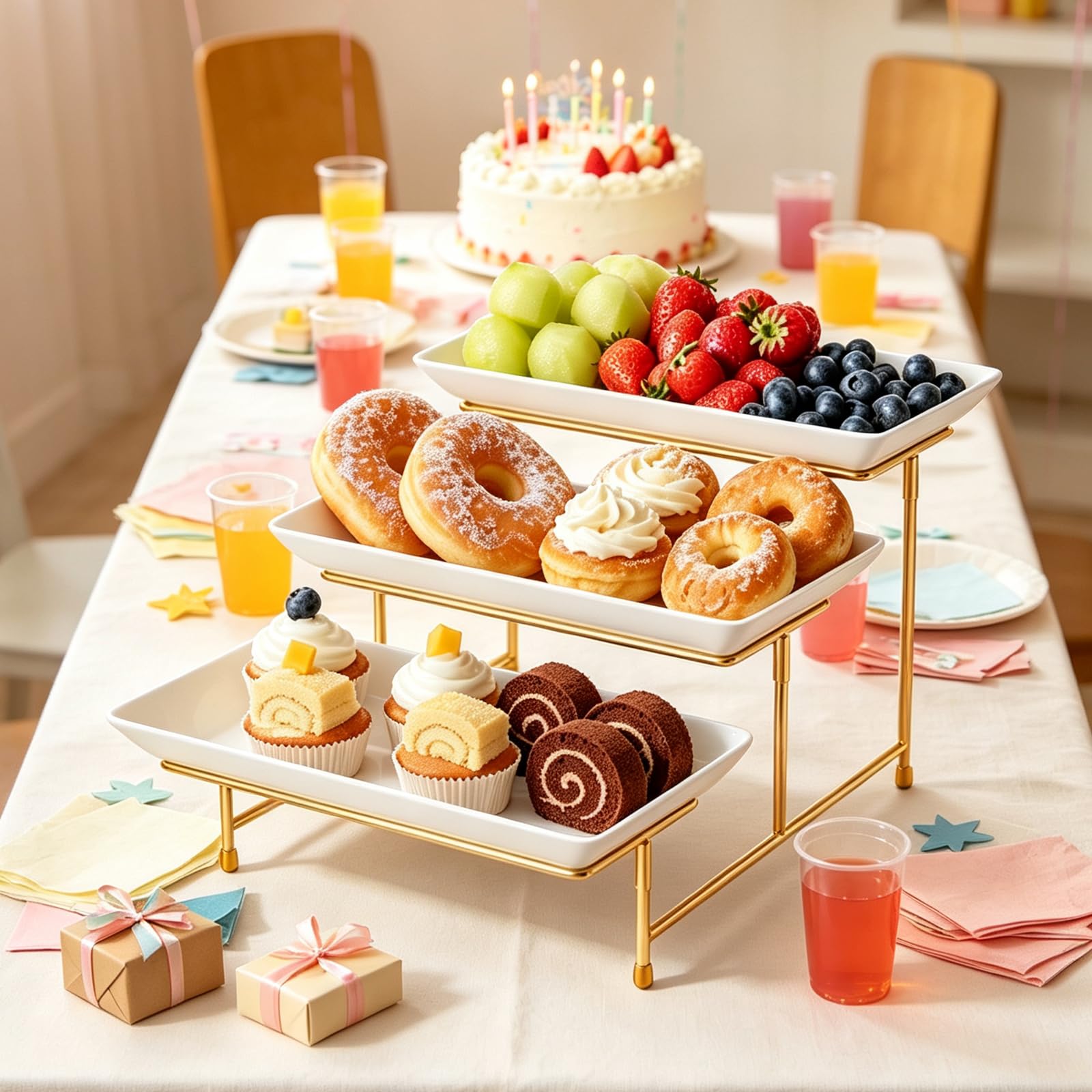 Piatto da portata a 3 livelli con supporto in metallo dorato, vassoi riutilizzabili bianchi per buffet, torte, snack, verdura, frutta, biscotti e dessert