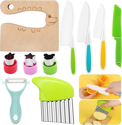 Juego de 10 cuchillos de cocina para niños, cuchillos de madera seguros para cocina real, bordes dentados, utensilios de cocina para niños, cuchillo