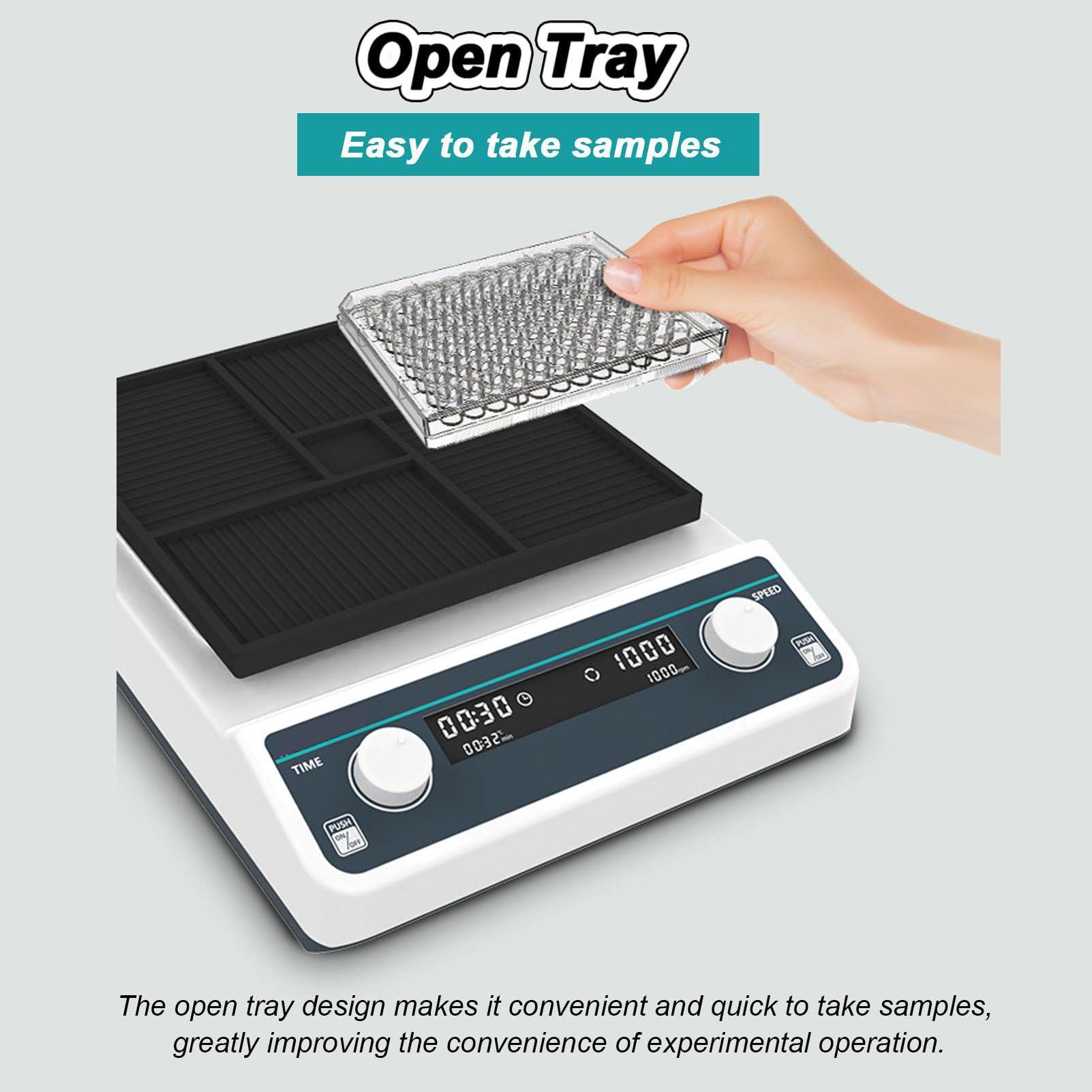 Agitatore orbitale da laboratorio con display digitale per micropiastre, velocità regolabile da 500 a 1200 giri/minuto, con modalità temporizzata da 1 minuto a 8 ore, oscillatore orizzontale
