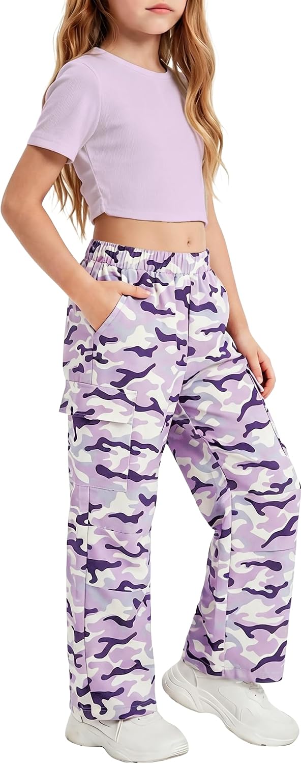 JiAmy Girls 2PCS Outfit Crop Top T-Shirt & Casual Cargo Pants | Cropped Short Sleeve Top, Trendy Cargo Pants with Pockets, Midriff-Baring Outfit, for Casual Active Dance, 13-14Y