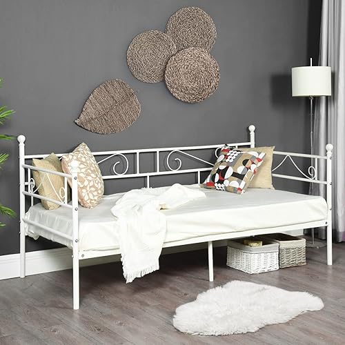 Classic Metal Daybed Frame Mattress Foundation/Bed Sofa with Headboard Black/White (White)