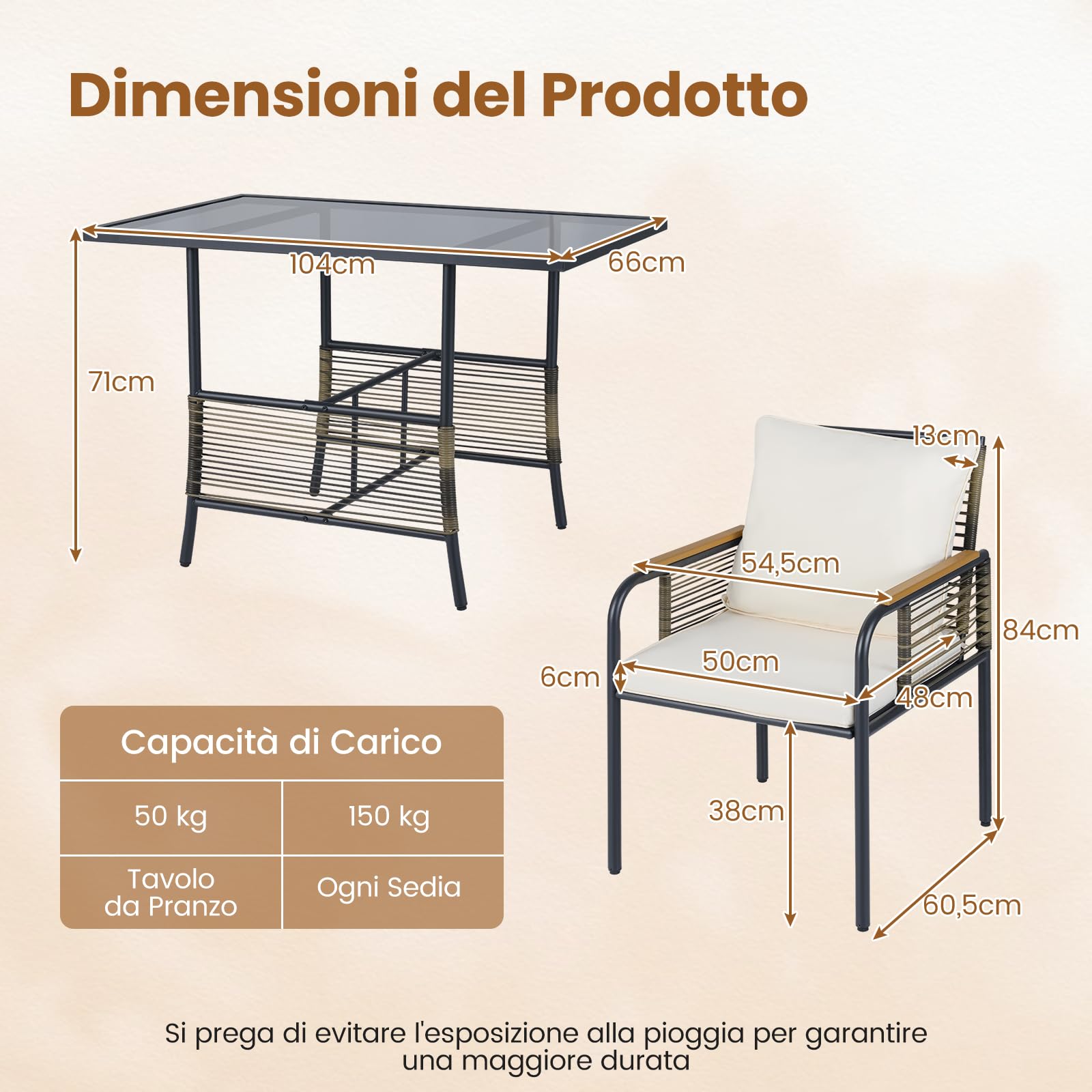 COSTWAY Set Salottino da Giardino in Vimini, Set di Mobili da 3 Pezzi per Esterno Salvaspazio con Cuscini, Tavolo Rettangolare e Sedie in Rattan per Balcone, Veranda, Giardino e Cortile (Beige)