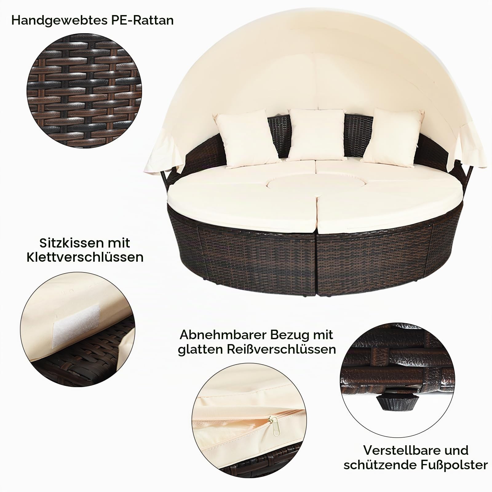 LIFEZEAL Rattan Sonneninsel mit Sonnendach, Gartenliege Sonnenliege mit Kissen, 5-teiliges Lounge Set mit faltbarem Regencover, Gartenlounge Terrassenmöbel bis zu 360 kg (Beige, 192 x 192 x 146 cm)