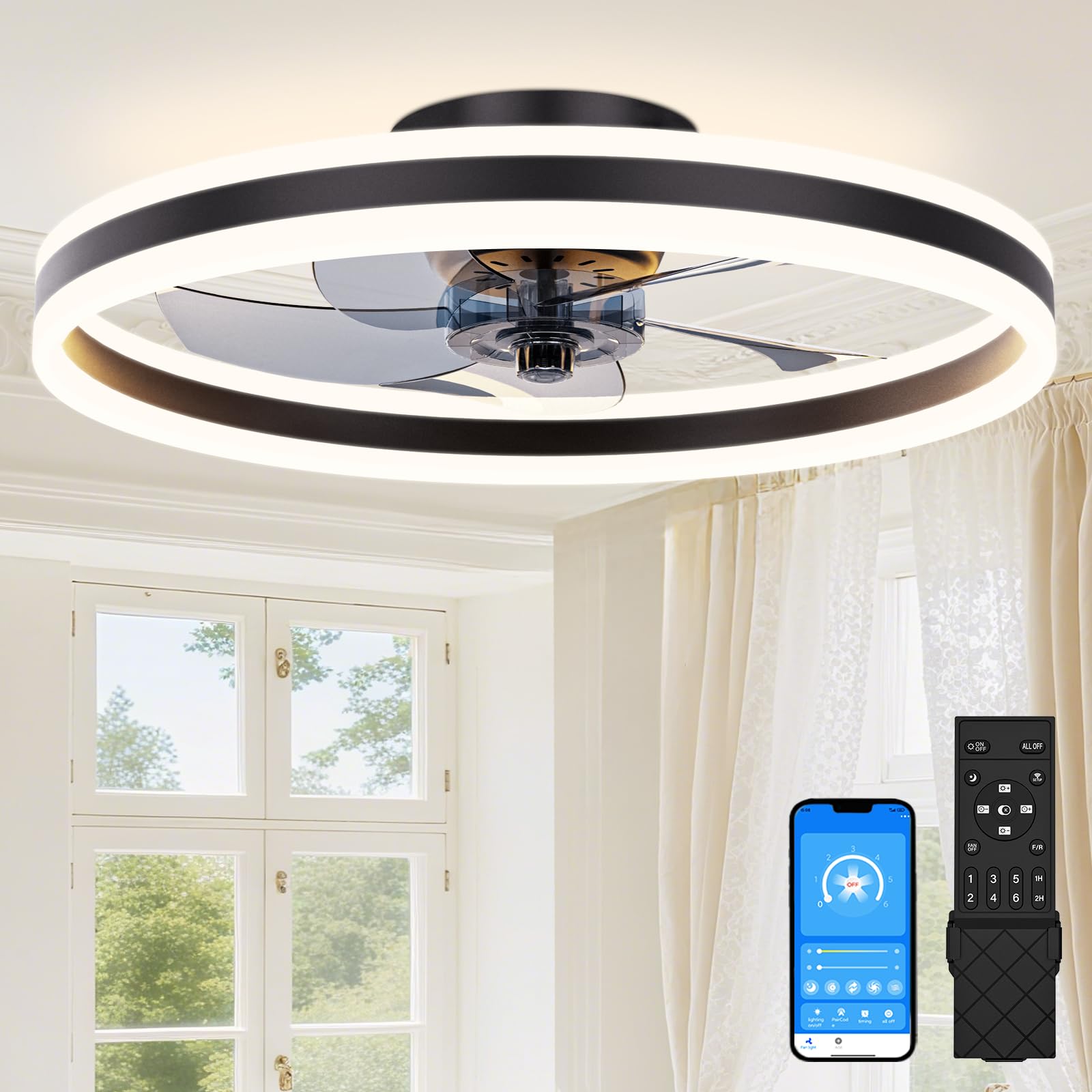 Sunkenet Black Ceiling Fans With Lights And Remote, 60Cm Ceiling Fan Light, 3000K-6500K Dimmable Smart Led Fan Light, 6 Wind Speeds & Reversible, Modern Queit Fan Light Ceiling For Bedroom