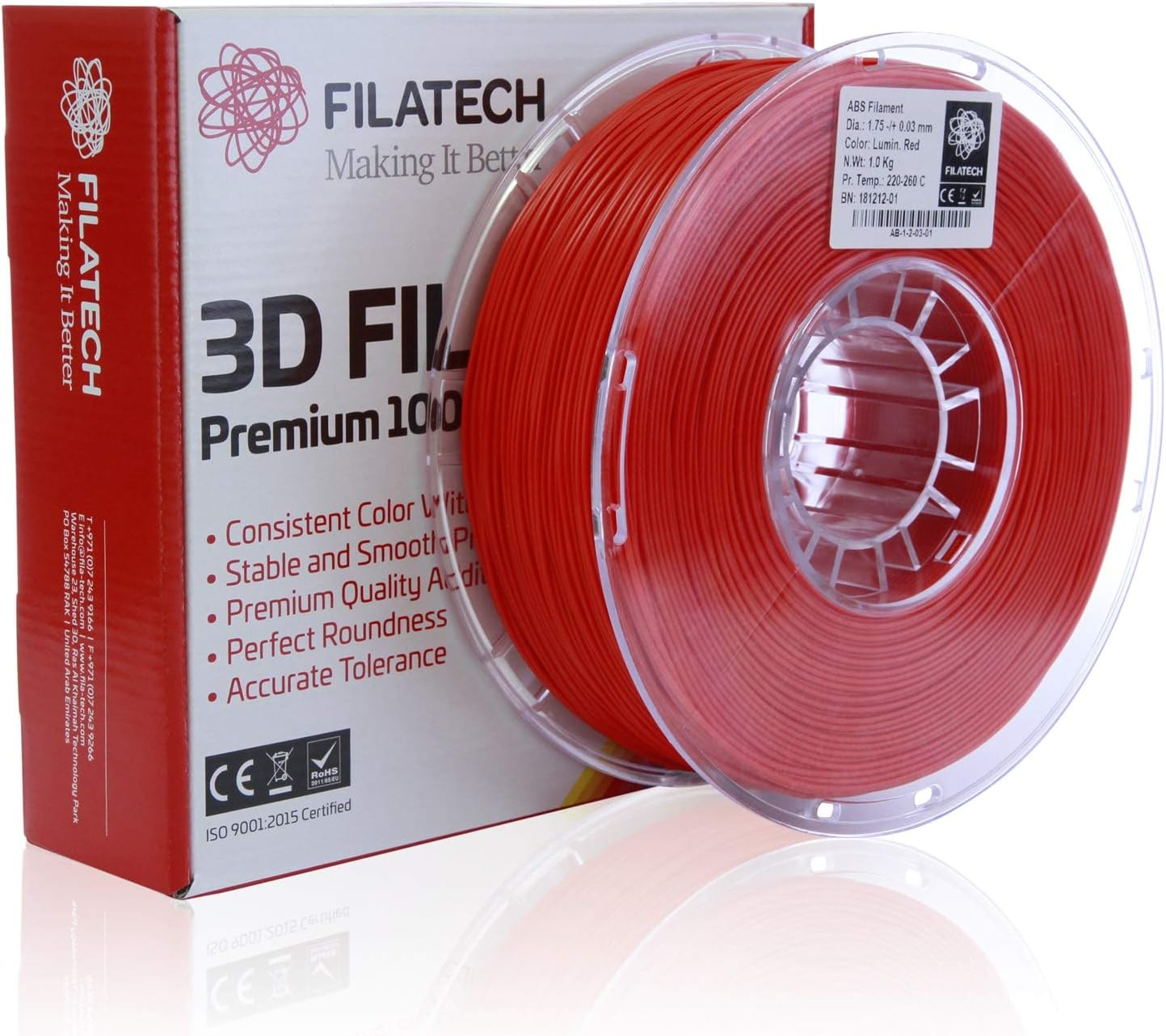 Filatech ABS Filament, Lumin. Red, 1.75mm, 1 kg, Made in UAE