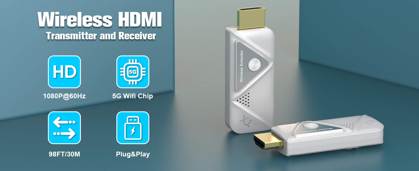 Adattatore HDMI Per TV Proiettore Kit Trasmettitore E Ricevitore HDMI Wireless - Prolunga Senza Fili Fino A 30m Per Streaming Video E Audio Da PC A TV Estensione HDMI Wireless