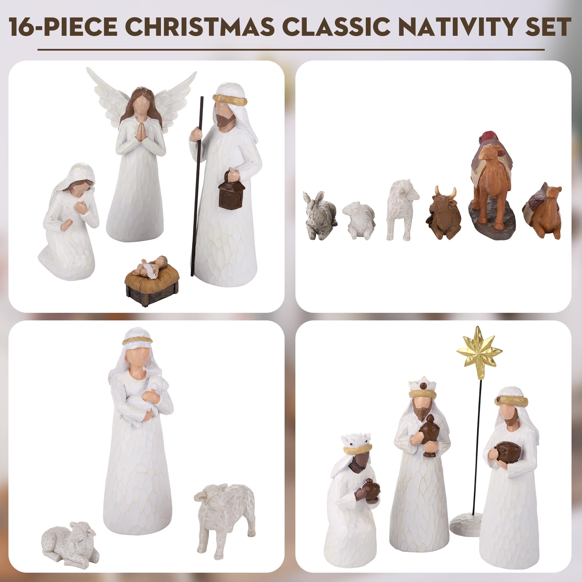Fovths Ensemble de 16 pièces de crèche de Noël classique - Figurines de démarrage en résine - Décoration en résine - 17,8 cm - Figurine Sainte Famille pour Noël - Décoration d'intérieur