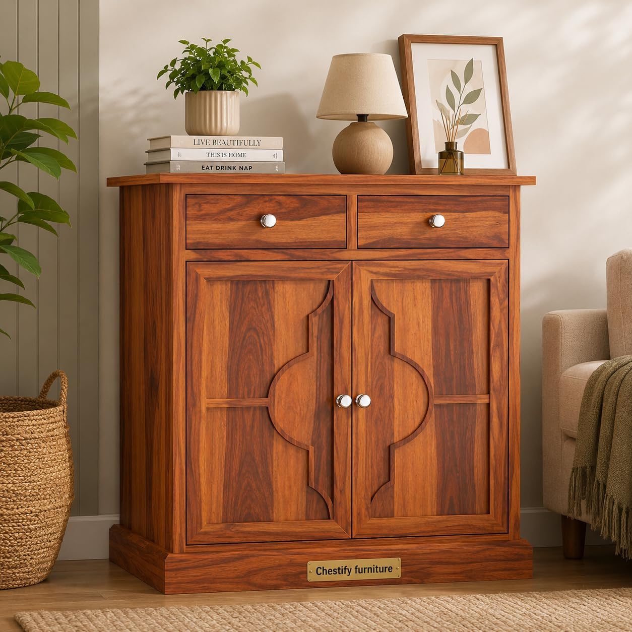 sheesham wooden chest of drawers for living room with 2 drawer - 2 door solid wood chest of drawers wooden drawer cabinet chest of drawer for bedroom storage cabinet, colton, honey