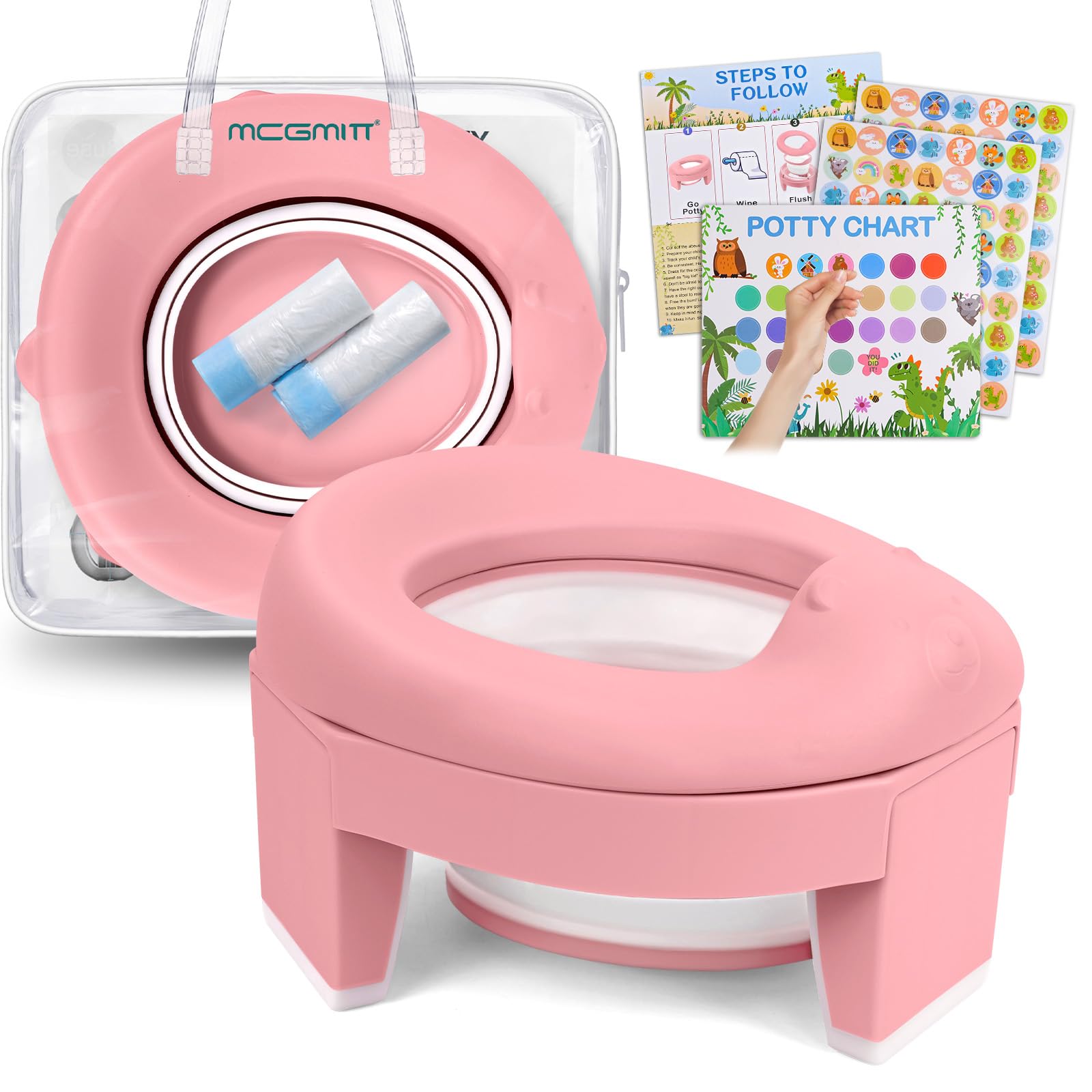 MCGMITT Portable Potty Seat for Kids Travel - Foldable Training Toilet Chair for Toddler Girls with Storage Bags for Outdoor and Indoor Easy to Clean(Pink)