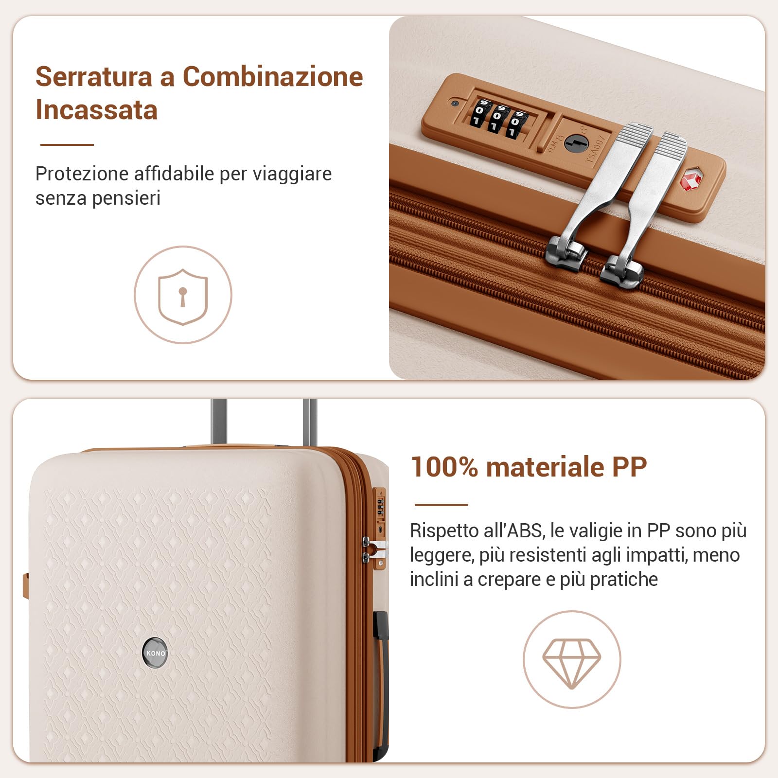 KONO Valigia Media in PP Rigida 65 cm - Trolley 20 kg Leggero Espandibile con Ruote 360° TPE, Portabicchieri Integrato e Serratura TSA (24", Beige/marrone)