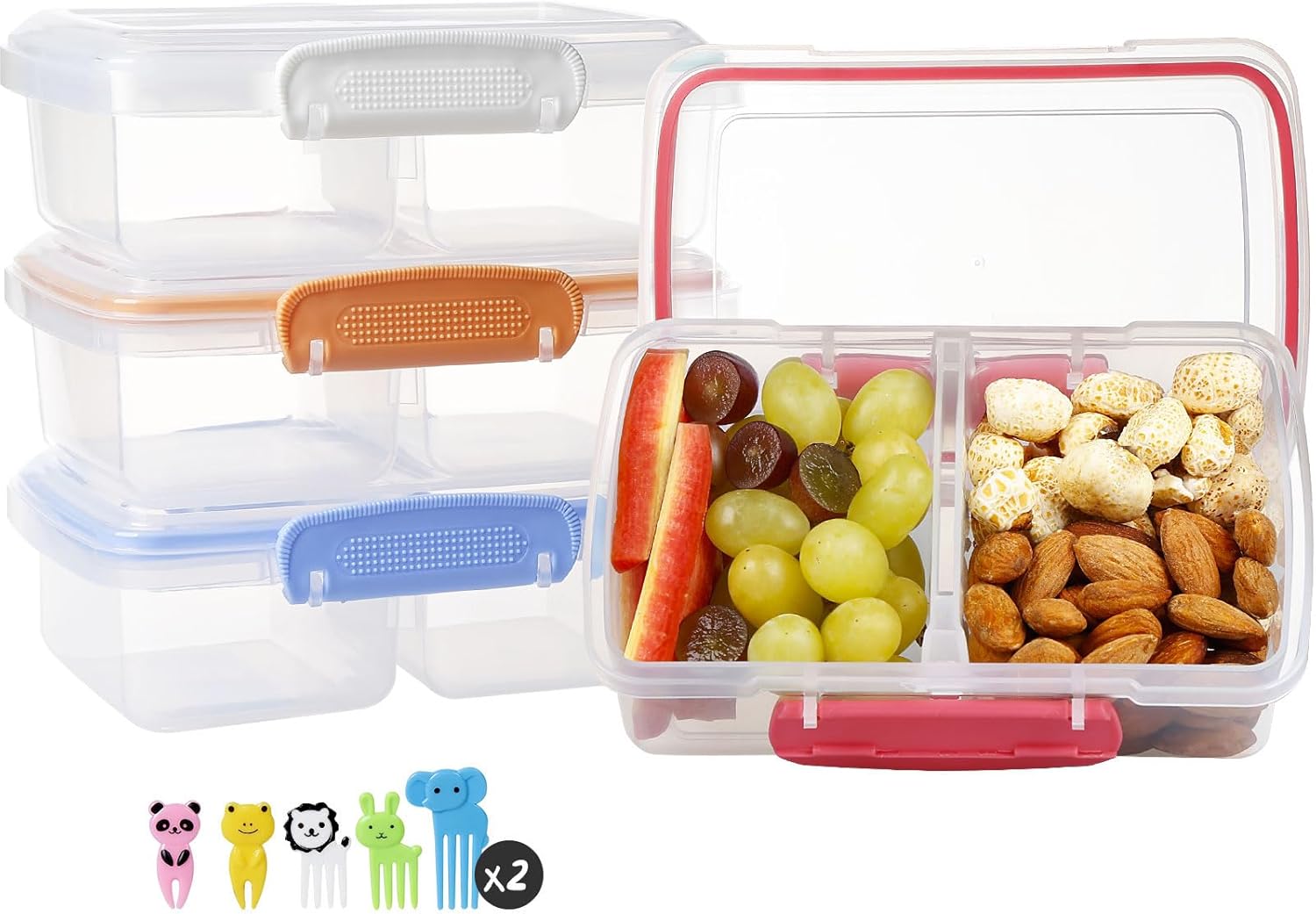 4 Pack Plastic Snack Containers with Lids, 2 Compartment Food Container for Kids Snack Box, Travel Bento Lunch Containers with forks for Fruits/Candies, Divided Food Storage Containers for Meal Prep New-Blue