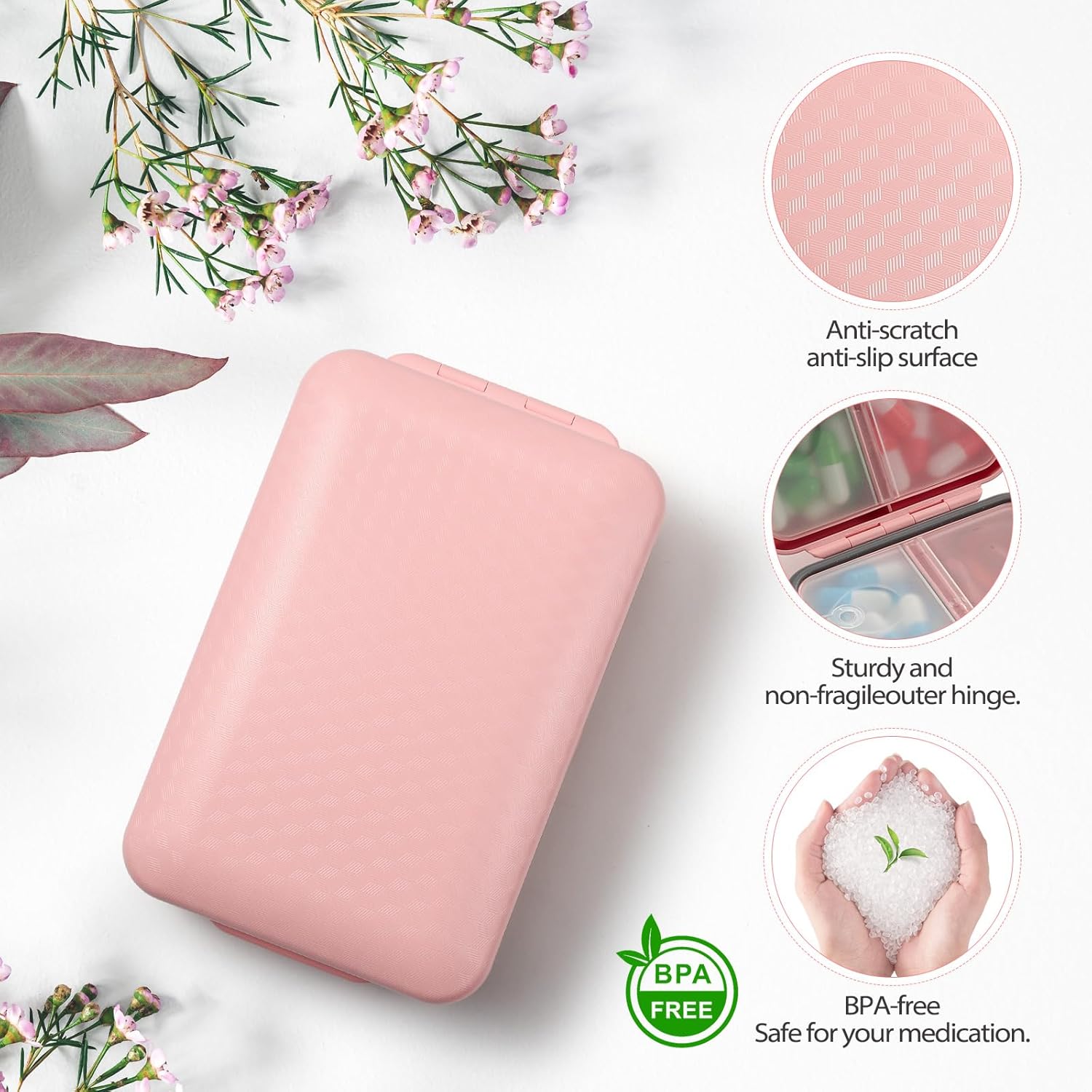 Daily Pill Organizer, 8 Compartments Portable Pill Case Travel Pill Organizer, Pill Container Large for Purse Pocket to Hold Vitamins, Cod Liver Oil, Supplements and Medication, Pink