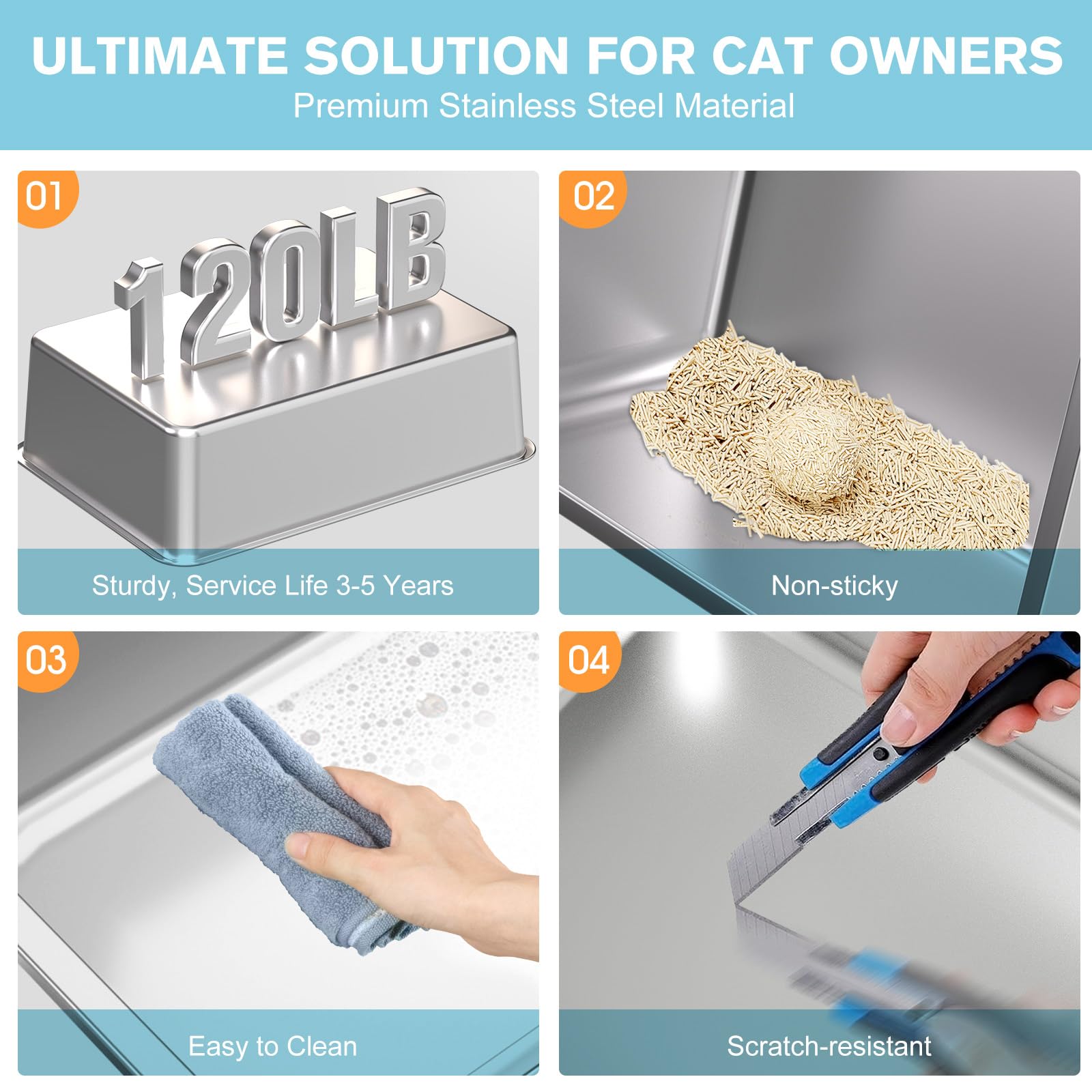 2PACK Stainless Steel Cat Litter Box,Large Litter Box with High Sides for Small Multiple Cats,Kittens,Metal Kitty Litter Boxes with Anti-Leak Lid,Non-Stick,Odorless,Easy to Clean,Scoop Included - image 6