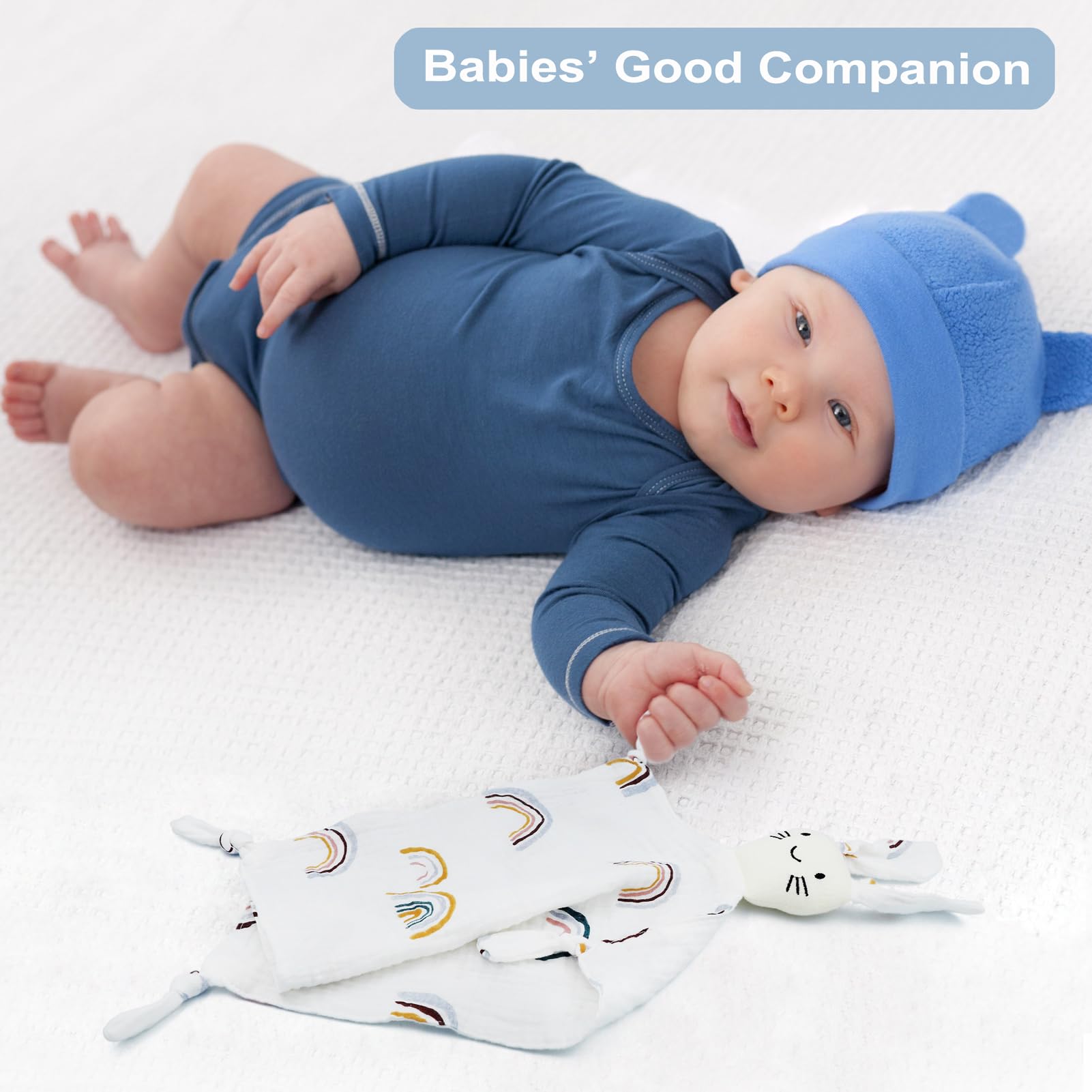 Doudou Bebe Recien Nacido, Manta de Seguridad Muselina de Algodón, Mantita de Apego Juguetes de Peluches Suaves para Dormir Niños Niñas, Dudus Cuadrado Regalo Bebes 0 Meses (Conejito Blanco)