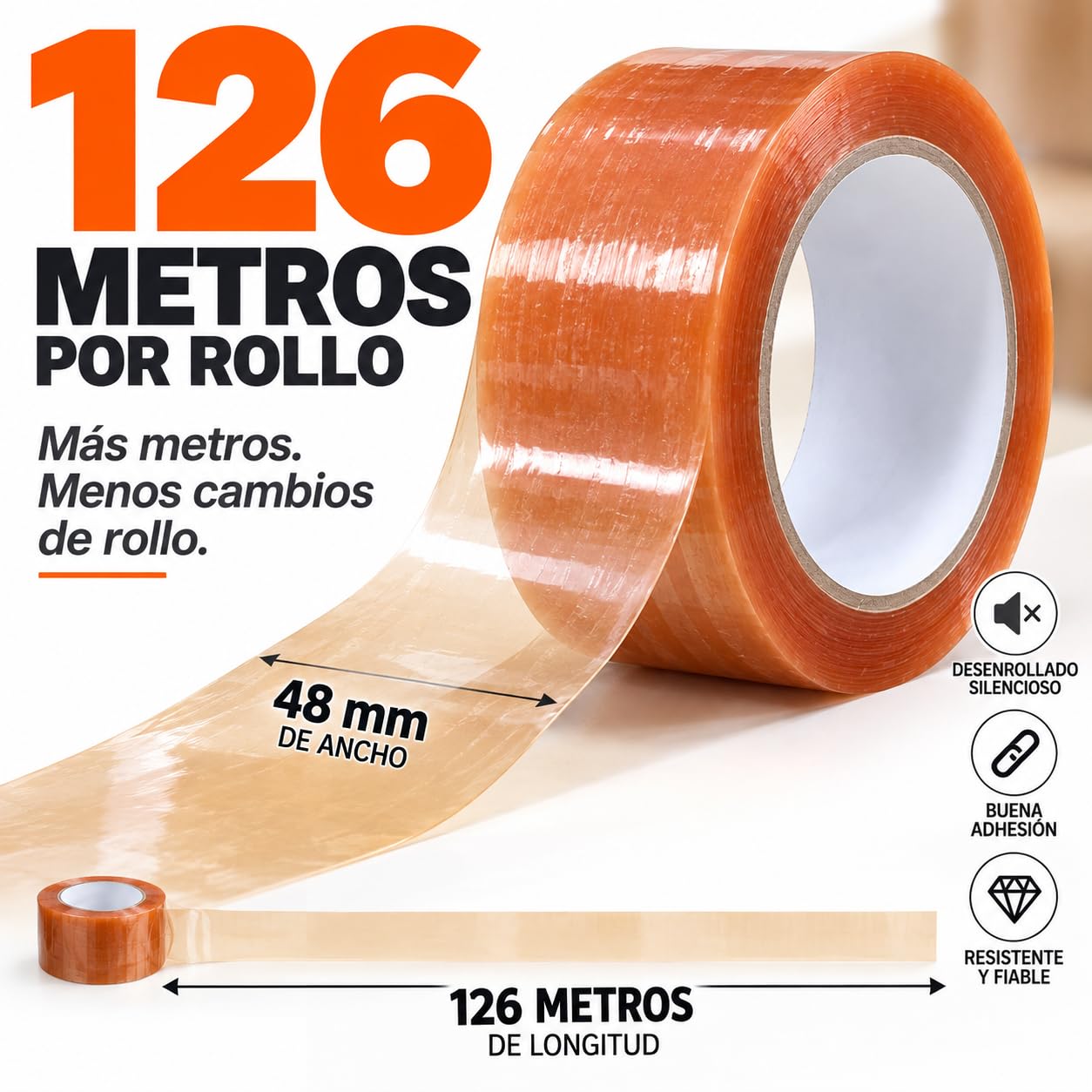 Cinta de Embalaje Transparente 48 mm x 126 m. longitud – Precinto Adhesivo de Larga Duración – Desenrollado Silencioso – Para Cajas, Envíos, Mudanzas, Almacén y Palets