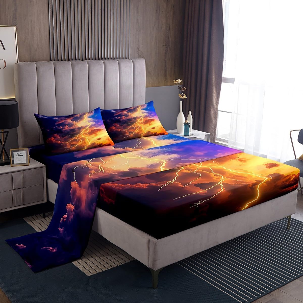 Erosebridal Volcanic Eruption Sheet Set Yellow Flame Fitted Sheet Twin Size,Natural Disaster Mountain Bed Sheets Gothic Nature Top Sheet Volcano Bedroom Decor,Orange Blue