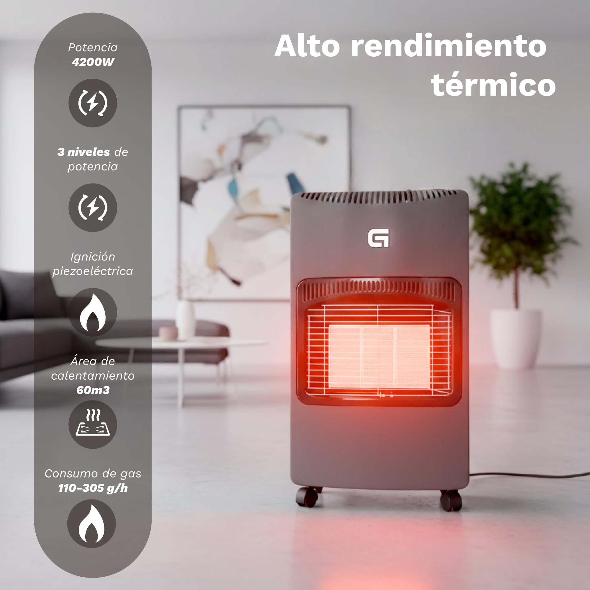 Estufa de gas butano plegable y portátil, Catalítica cerámica, 4200W, Sistema ignición piezoeléctrico, 3 niveles calor, cobertura 20-80m²- Apto bombonas 15kg (NO Regulador NO Tubo)