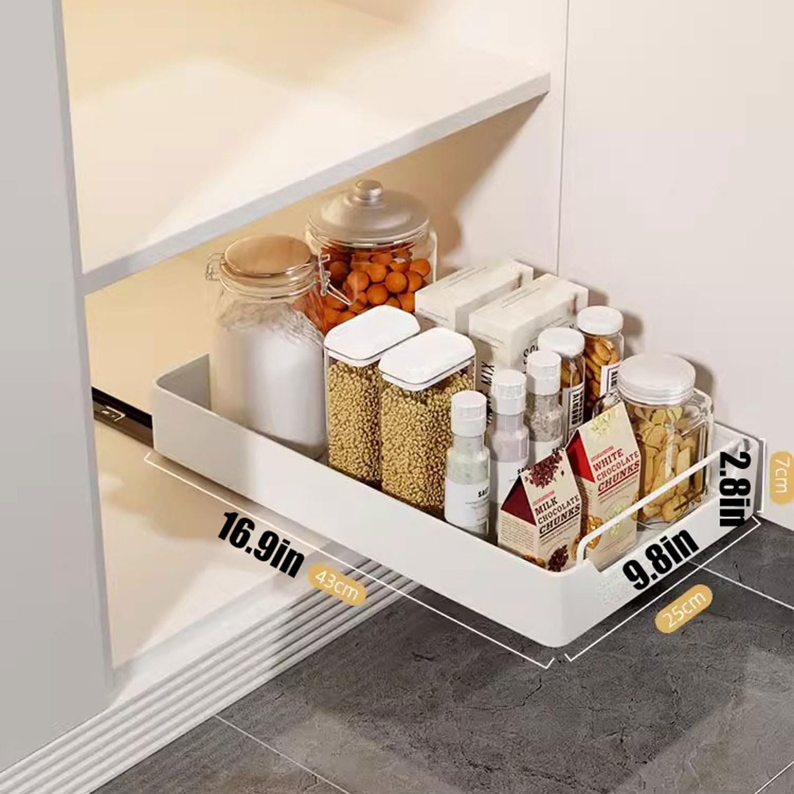 Ausziehbare Teleskopschublade mit Griff, ausziehbarer Schrank, Aufbewahrungskorb für Küche, Bad und Speisekammer, 25 x 43 x 7 cm, platzsparende Lösung