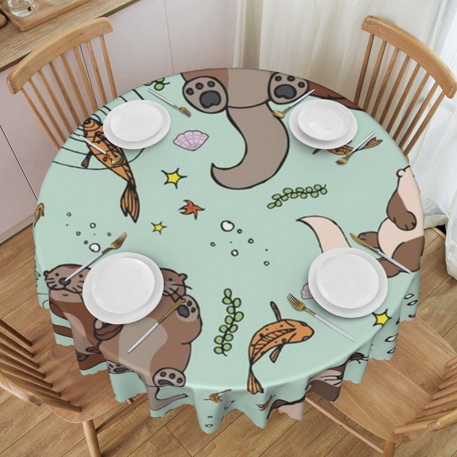 DCEHGEW 60 In Round Tablecloth with Lace, Cartoon Cute Otter Printed Oilproof & Washable Fabric Picnic Table Cloth Table Covers