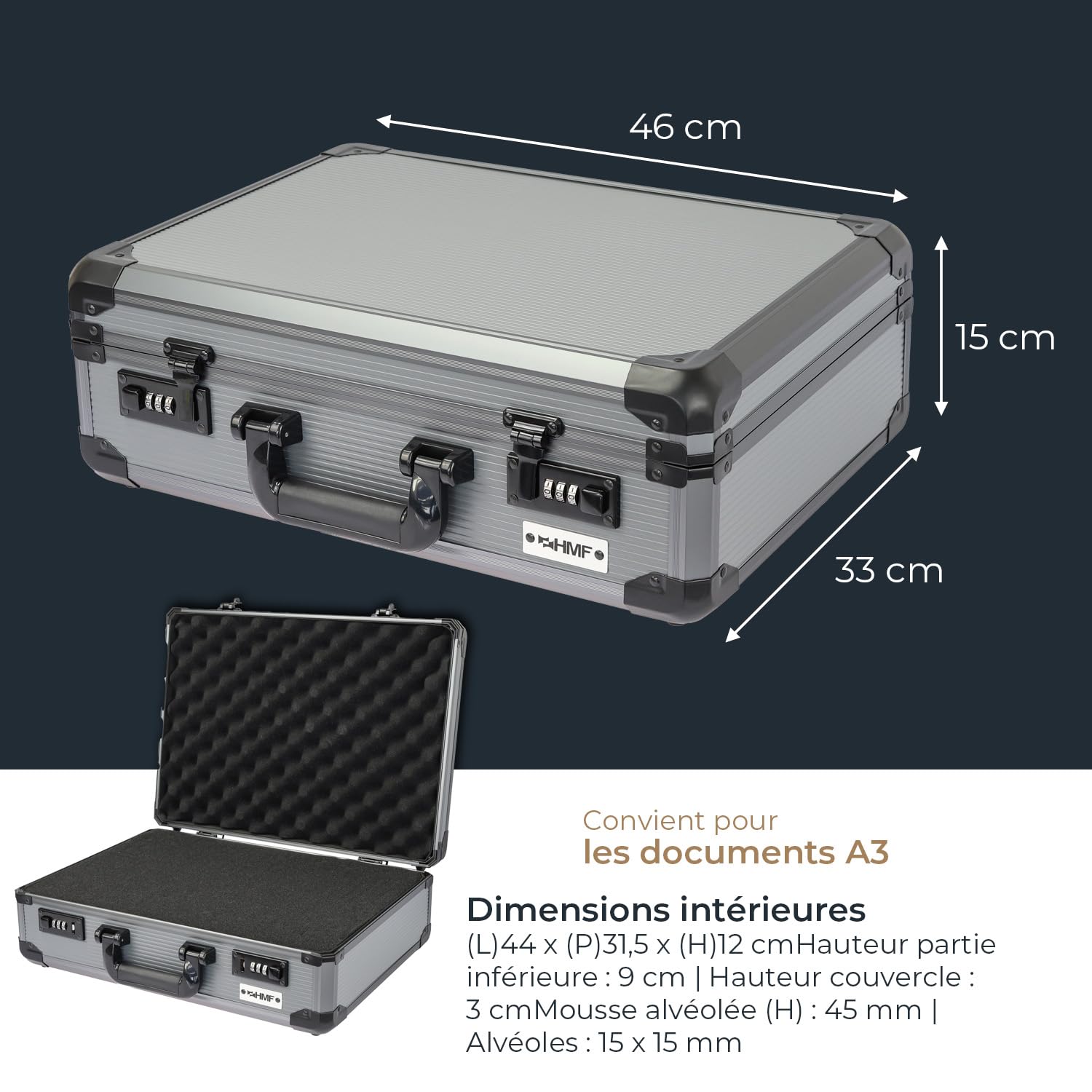 HMF 14402-02 Valise pour Appareil Photo en Aluminium, Mallette pour Armes avec Mousse prédécoupée | 46 x 33 x 15 cm