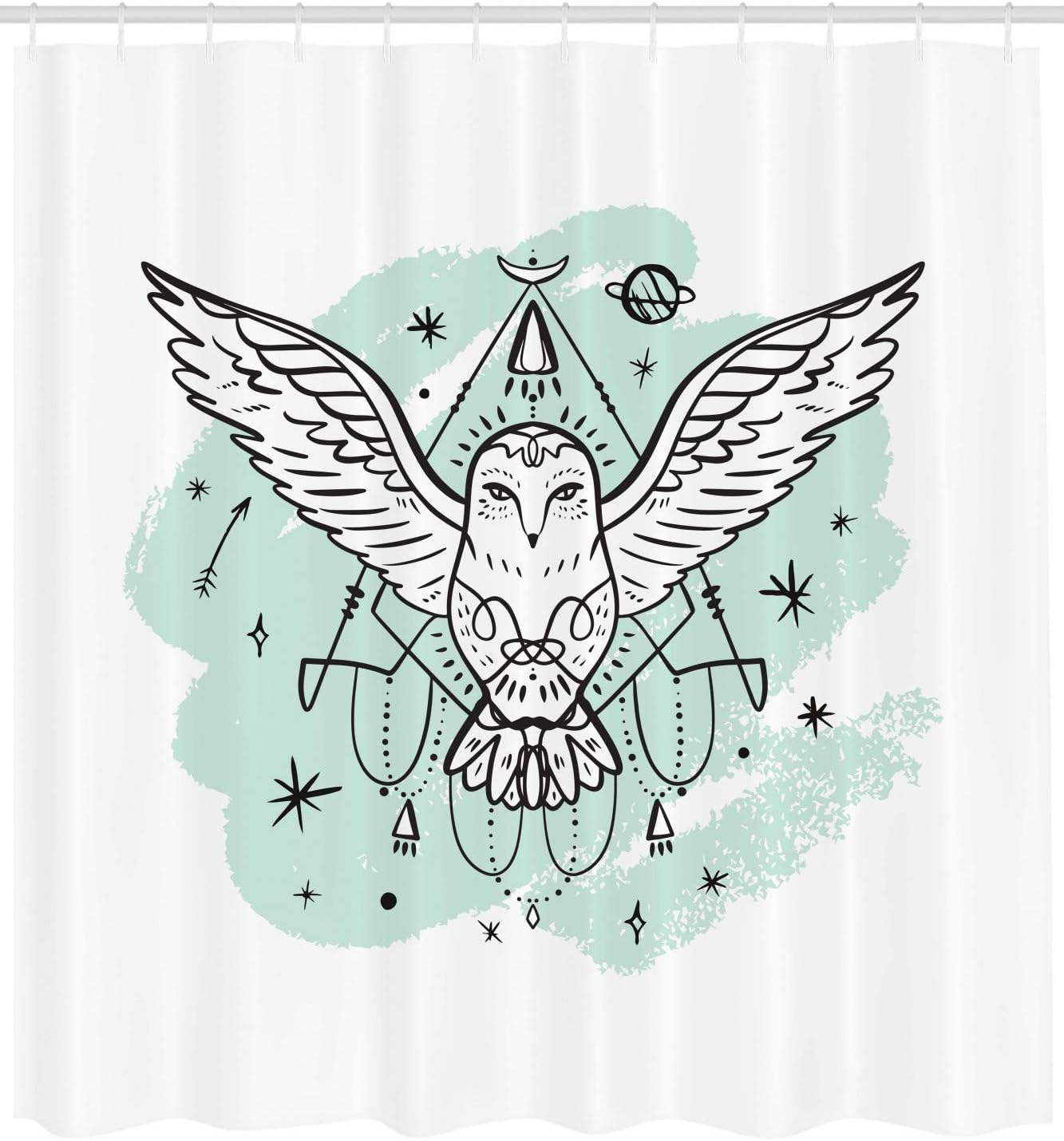 Lunarable Bohemian Stars Shower Curtain, Wisdom Fantasy Bird White Owl and Stars Pattern Graphic, Cloth Fabric Bathroom Decor Set with Hooks, 69" W x 75" L, Mint Green Charcoal Grey