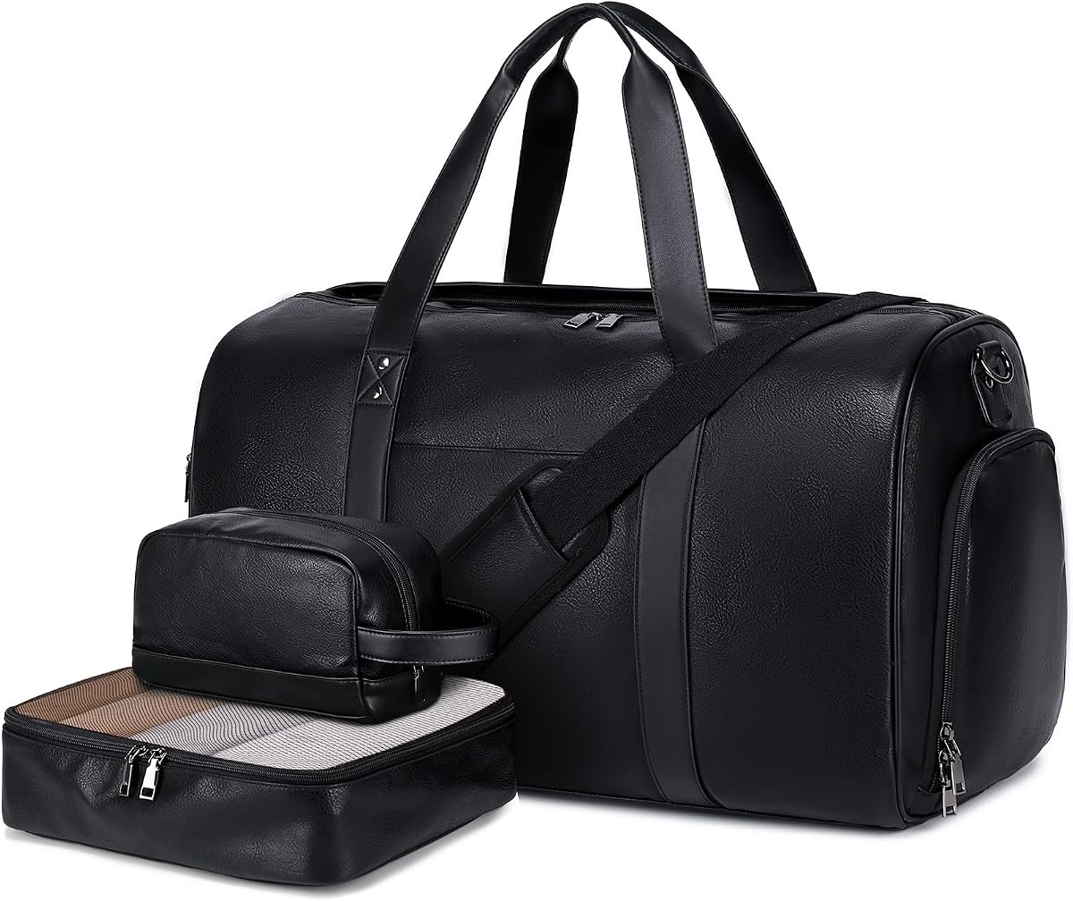 3PCS Bolso de fin de semana de cuero sintético para mujeres y hombres Bolsa de viaje Bolsas de noche | Bolsas de viaje de cuero para viaje, con compartimento para zapatos, artículos de tocador, bolsa de mano para llevar, para hombre, compatible con ordenador portátil de 21,5"