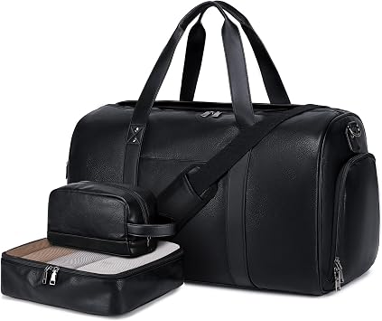 Wogarl 3PCS Leather Weekender Bag for Women Men Large Overnight Travel Duffel Bags with Shoe Compartment Toiletry Packing Cube Carry On Tote Fit 21"Black