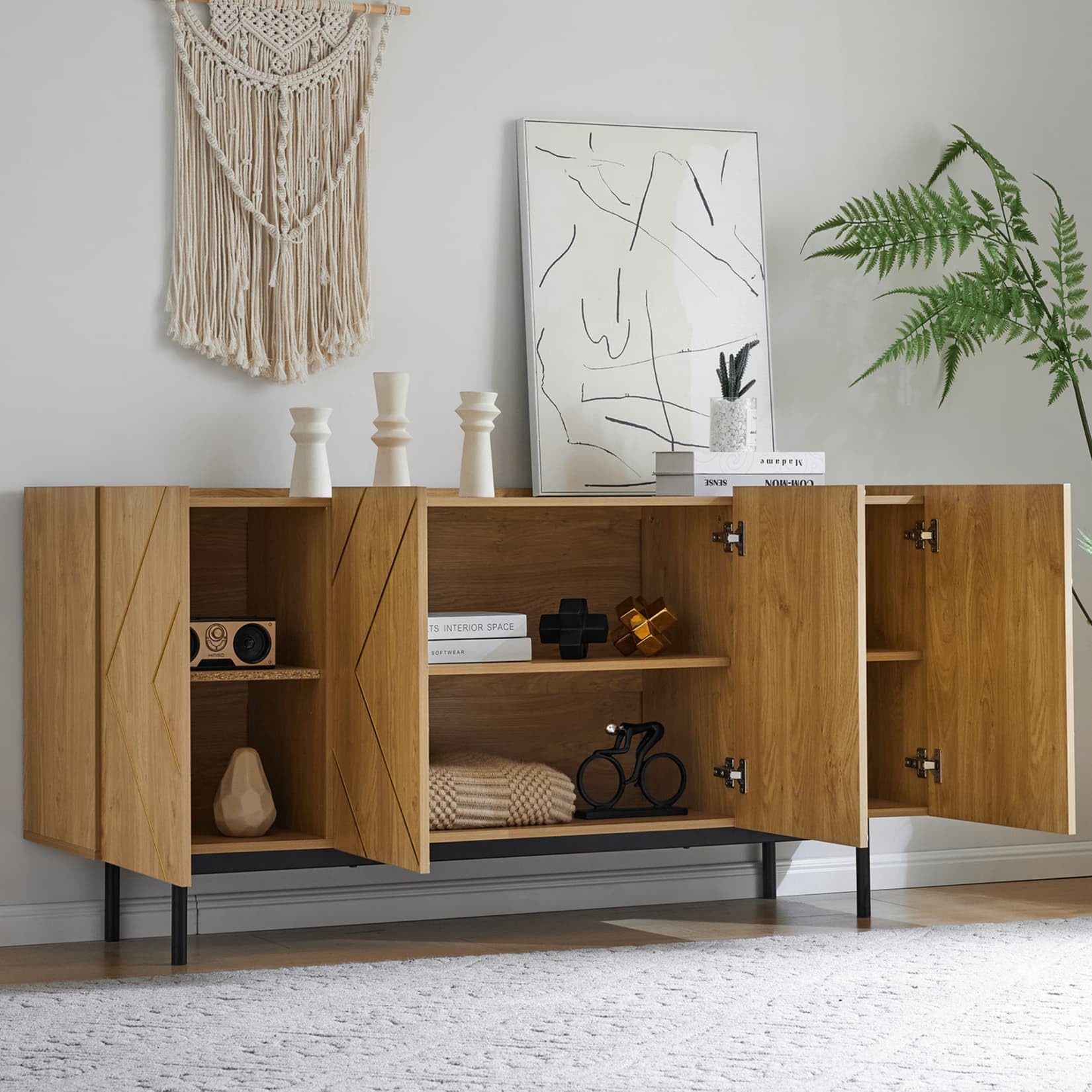 PUGSDRLY Meuble de Rangement avec Étagères Réglables et 6 Grands Compartiments de Rangement,Meuble Cuisine Buffet Salon Commode avec Rayures Dorées,pour Cuisine,Salon,Chambre,Naturel (L160xl40xH78 cm)