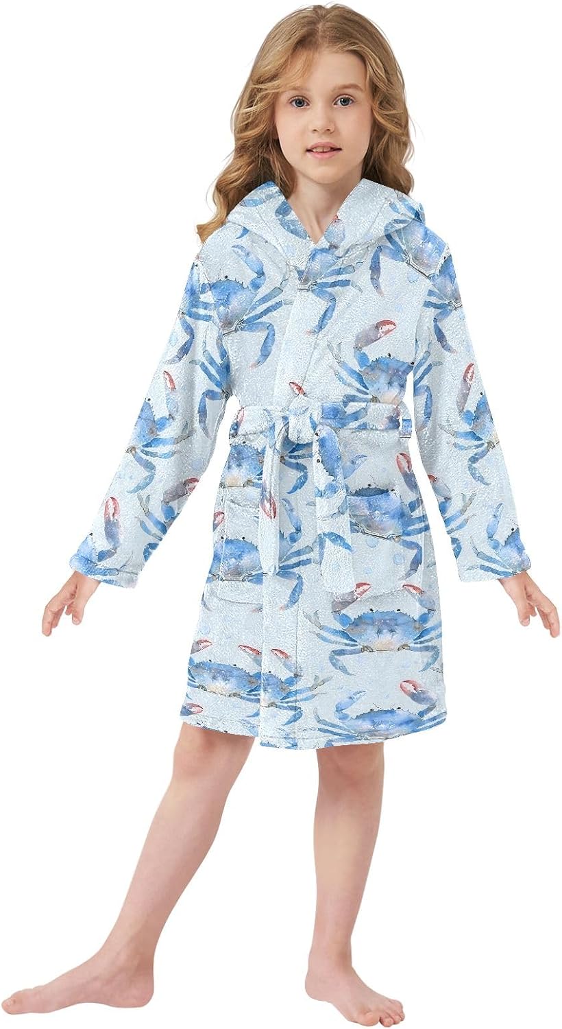 Light Blue Crabs Pattern Toddler Hooded Bathrobe for Boys Girls Soft Plush Bath Towel Robe 2-12 Years