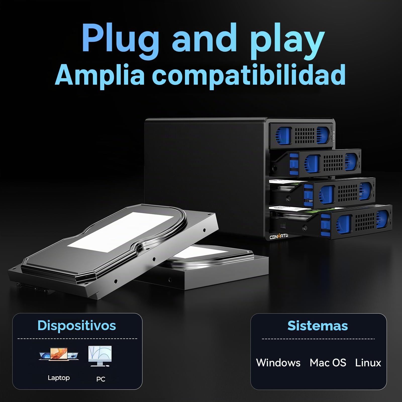 CENMATE Carcasa Raid de Disco Duro de 4 bahías para Disco Duro SATA HDD/SSD de 2.5/3.5 Pulgadas con Cable USB A/C 3.0, Lector de Disco Duro de 3.5 Compatible con Capacidad de 80 TB, 8 Modos