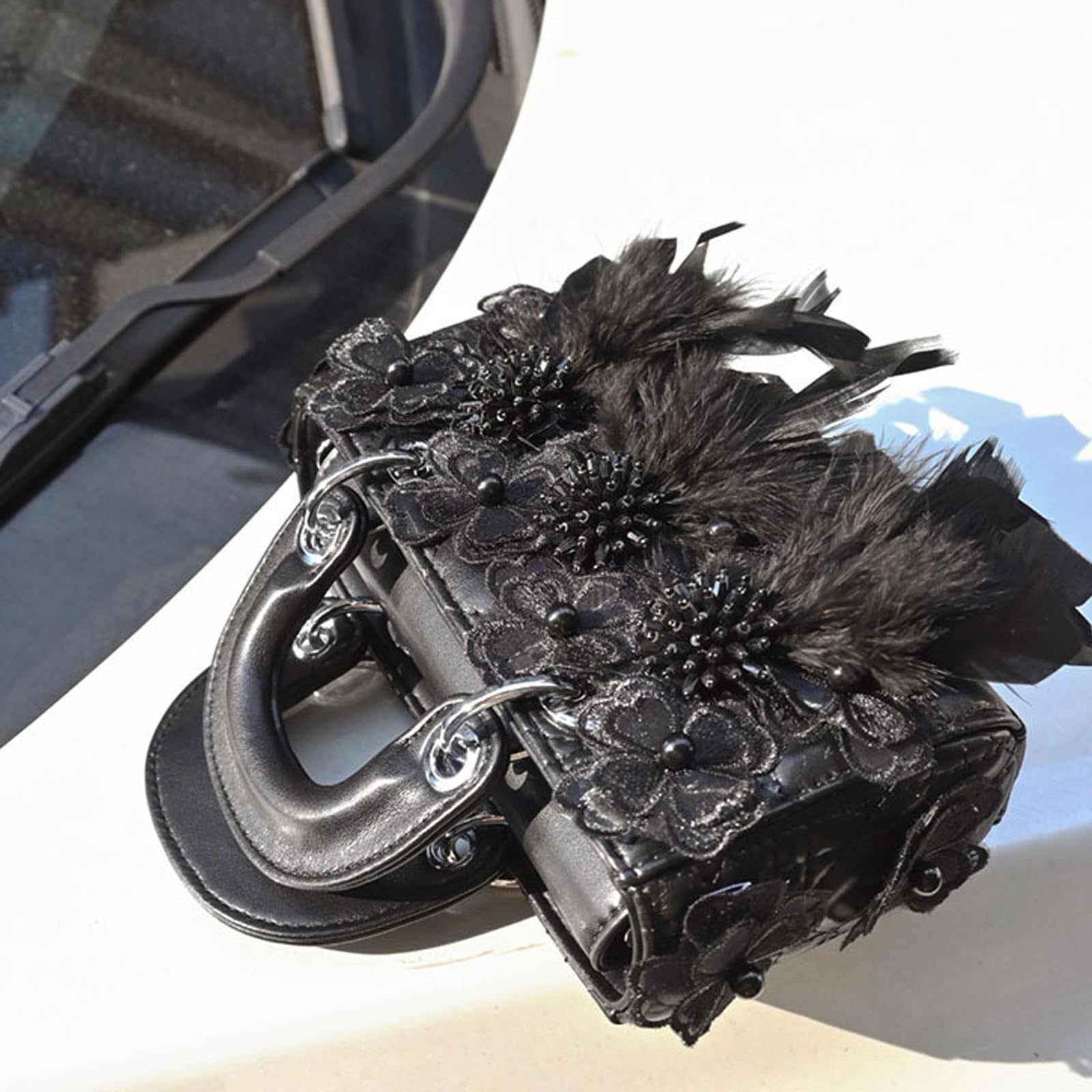 Bolso cruzado de encaje con plumas y cuentas, correa de hombro ajustable, bolso de mano de piel sintética para mujer, fiesta, citas, uso diario, bolsa cuadrada con correa ajustable