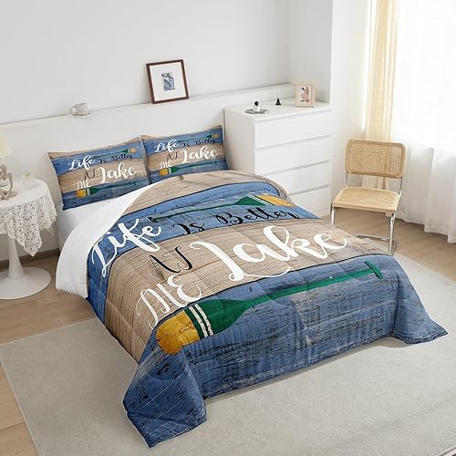 Miniatura 4 de Lake Life - Juego de ropa de cama tamaño Queen, decoración de habitación con temática de lago, juego de edredón para niños, juego de edredón de remo