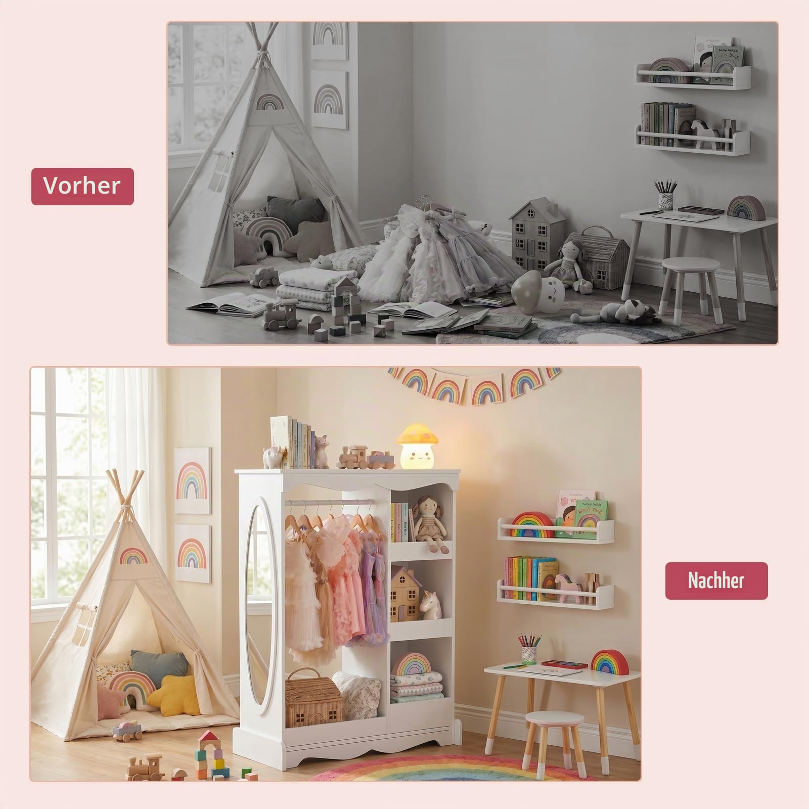VOWNER Kinder Kleiderschrank, Kindergarderobe mit Spiegel, Kleiderstange, Kinderzimmer mit Regalens Weiß