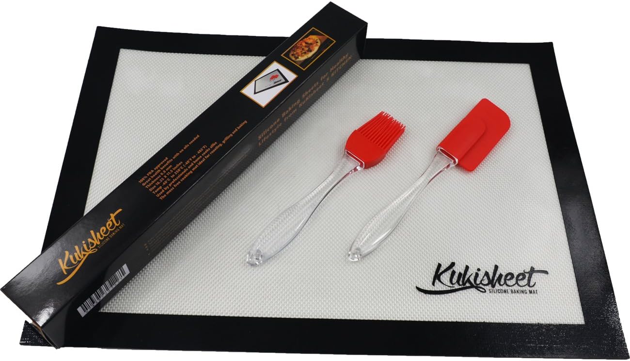 KuKiSheet Silicone Baking Mat 16.25 X 11.5 Inches Professional Grade-Baking Mat Set of One with Spatula and Basting Brush