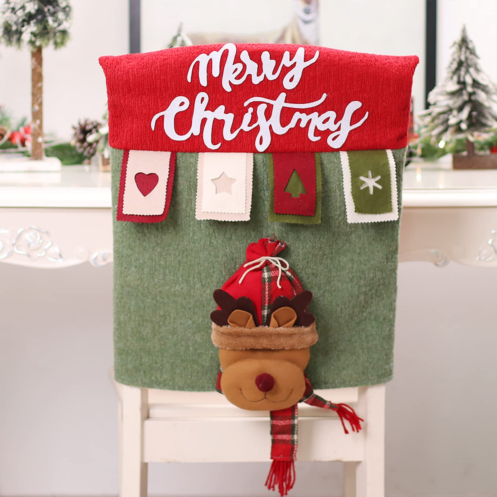 Set di 3 coprisedie natalizie 3D creative con pupazzo di neve, Babbo Natale, renna, coprisedia, coprisedie natalizie, per cucina e sala da pranzo, rosso
