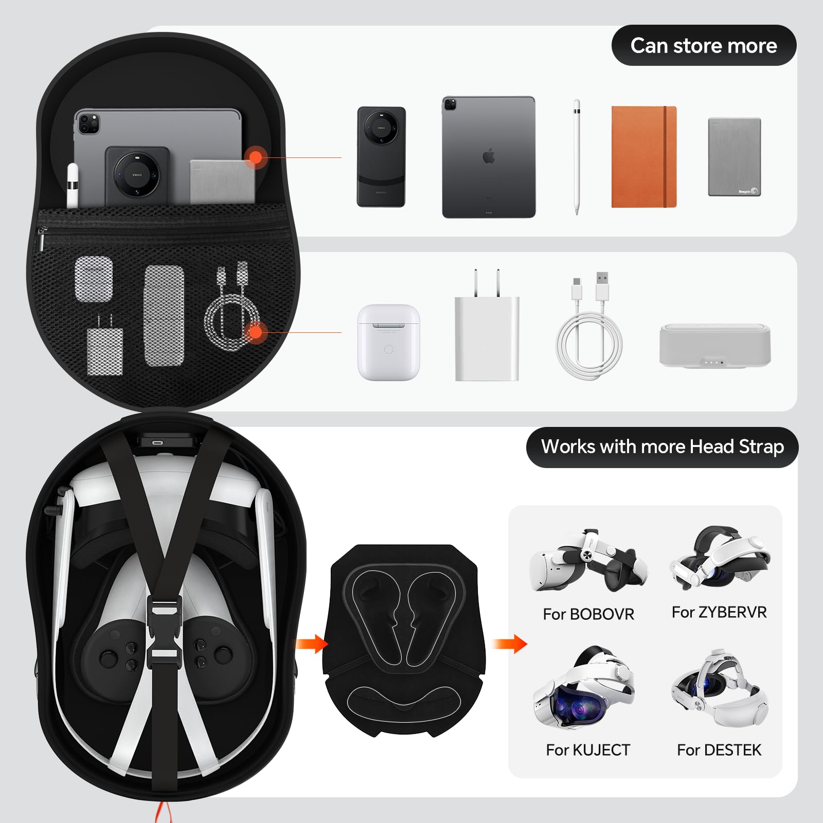 Hibloks - Custodia da trasporto per Quest 3 con porta di ricarica magnetica da 40 W, compatibile con accessori Meta Quest 3, custodia da viaggio rigida, cuffie VR all-in-one e tracolla di espansione