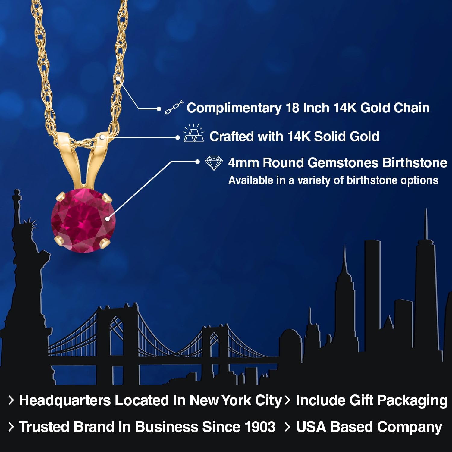 Gem Stone King 14K Yellow Gold Red Created Ruby Pendant Necklace for Women | 0.25 Cttw | Gemstone July Birthstone | Round 4MM | With 18 Inch Chain - Image 2