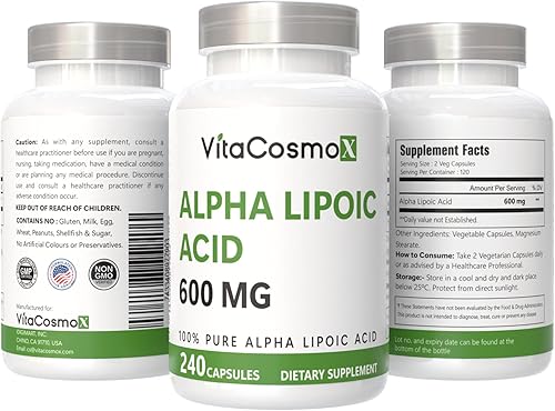 Miniatura 2 de Suplemento de ácido alfa lipoico, 600 mg por porción, 240 cápsulas vegetarianas 100% vegetarianas, sin OMG y sin gluten