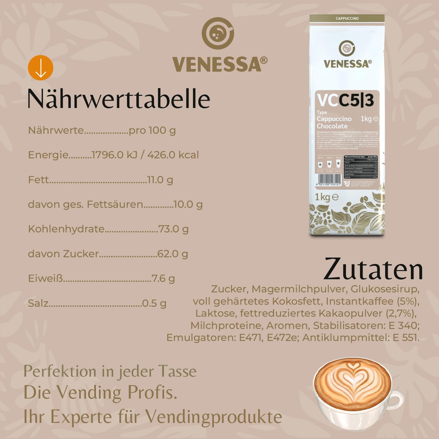VENESSA Cappuccino Chocolate VC5/3 aromatyzowany napój w proszku z delikatną nutą kakaową, 10 x 1 kg, korzystne opakowanie z rozpuszczalną kawą i kakao w proszku, nadaje się do wszystkich ekspresów do