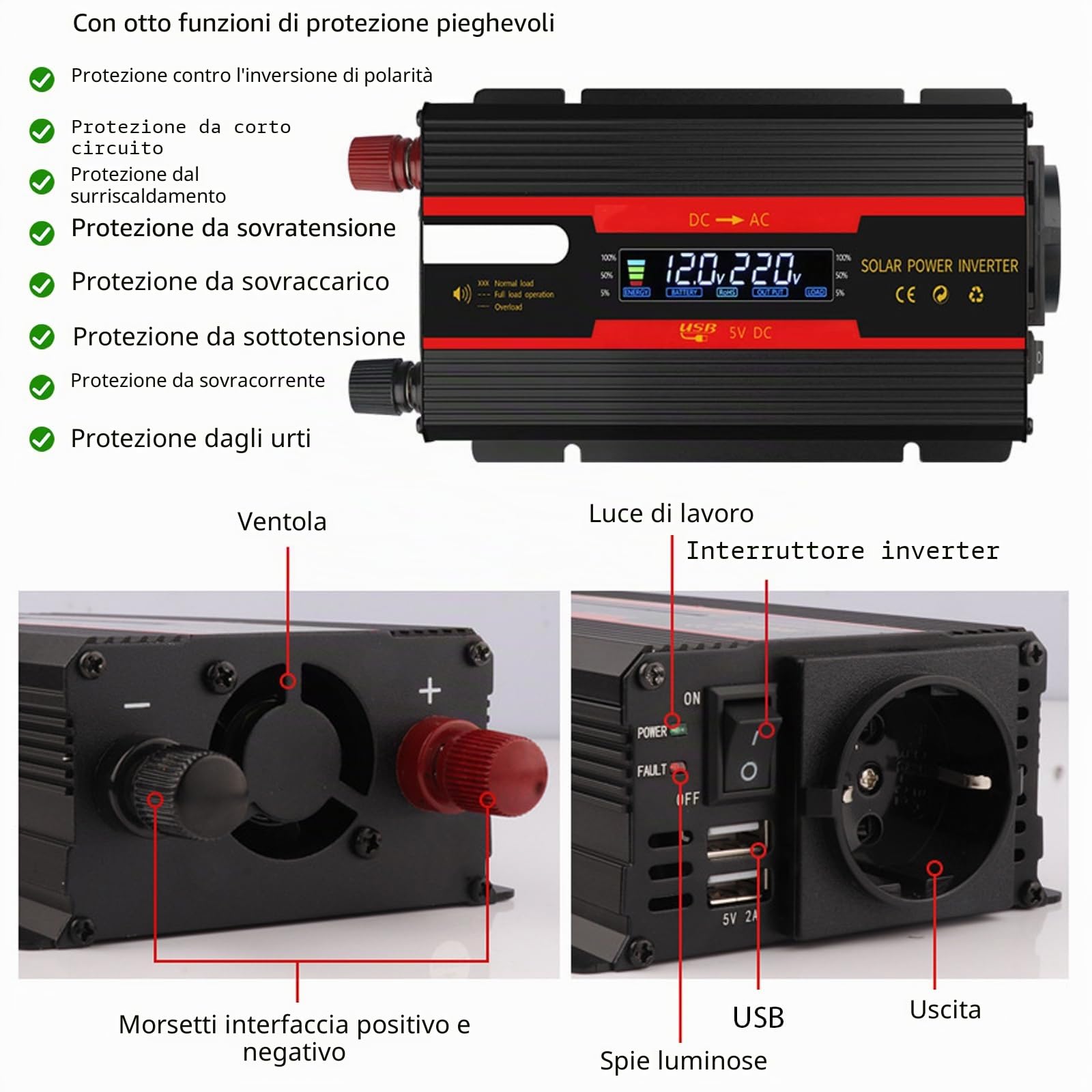Invertitore solare DC 12 V/24 V su AC 230 V 700 W/2000 W Adattatore USB, per auto, camion, roulotte, campeggio