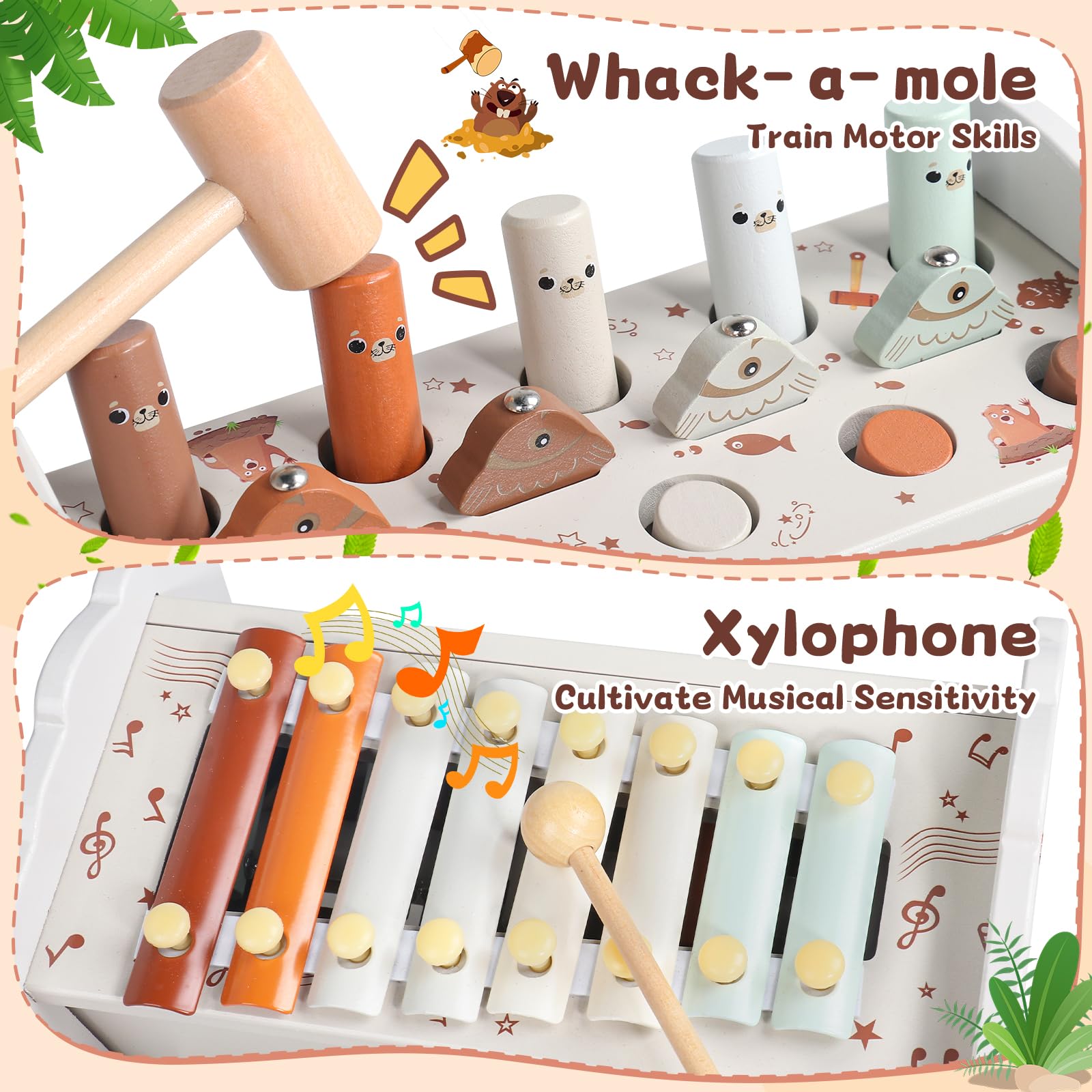 Jouet Montessori 1 an 4 en 1 Tape-Taupe Xylophone Bebe Pêche Labyrinthe Bois Educatif