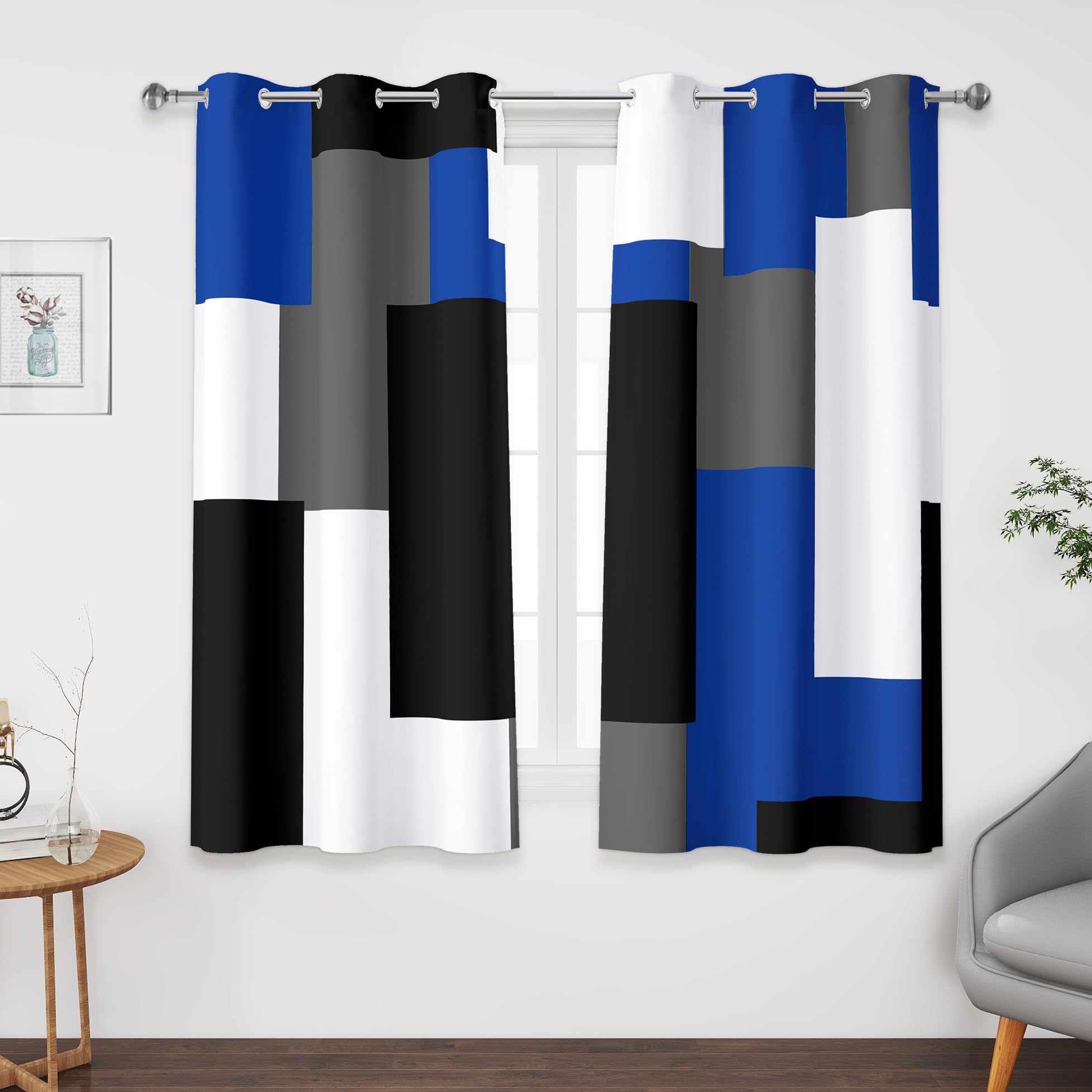 Tyrot Blue Gray 100% Blackout Curtains 45 inch Length 2 Panels Set White Grey Modern Abstract Geometric Drapes for Kitchen Black Out Curtains Insulated Room Darkening Small Window Curtains, 42Wx45L — image 1