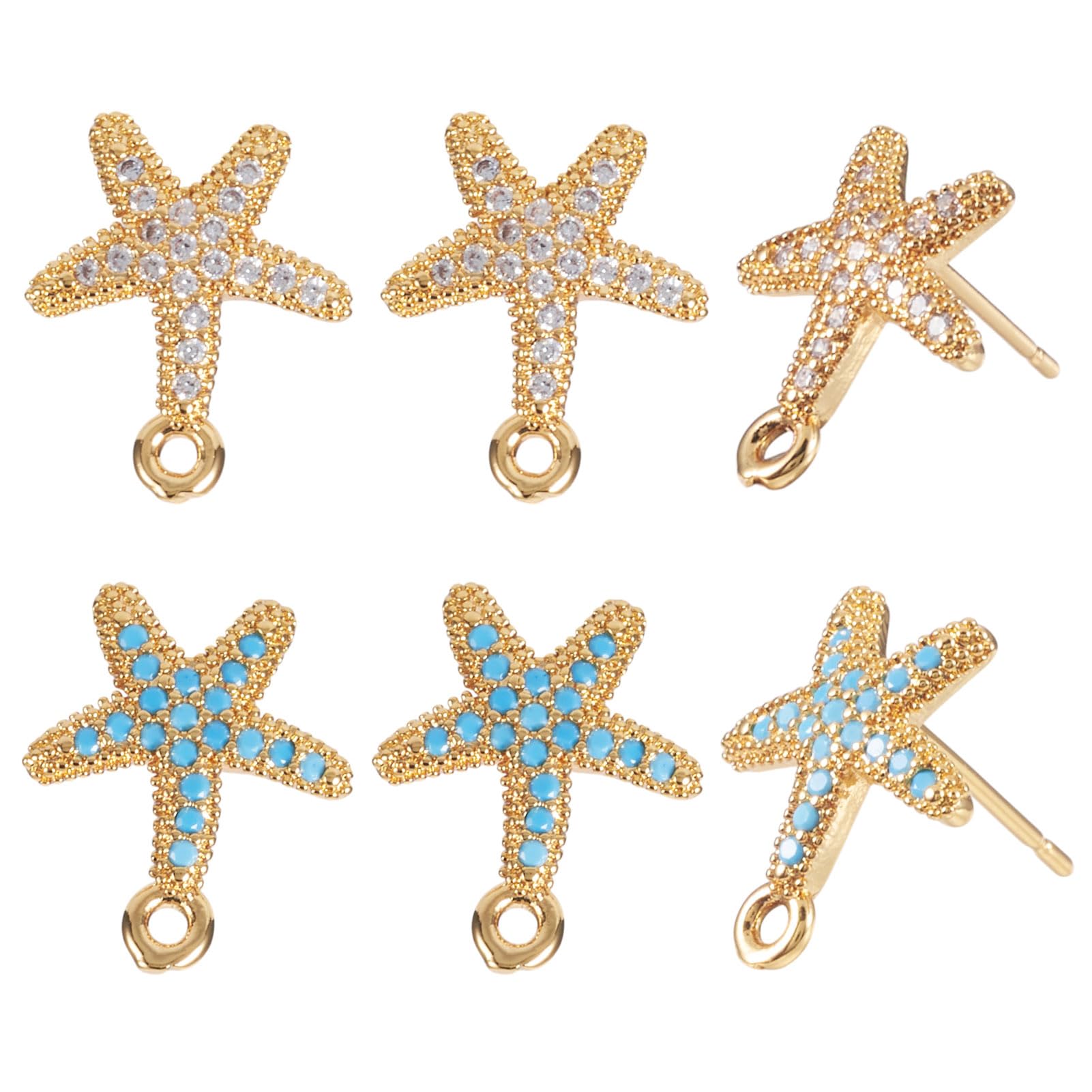 Clous d'oreilles étoile de mer à boucle intégrée 1,2mm en laiton plaqué or et cristaux brillants