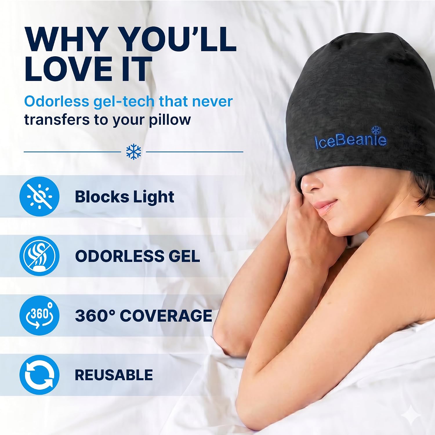 IceBeanie Migraine Relief Cap, Soft & Stretchy Gel Ice Hat, Reusable, Black image 2