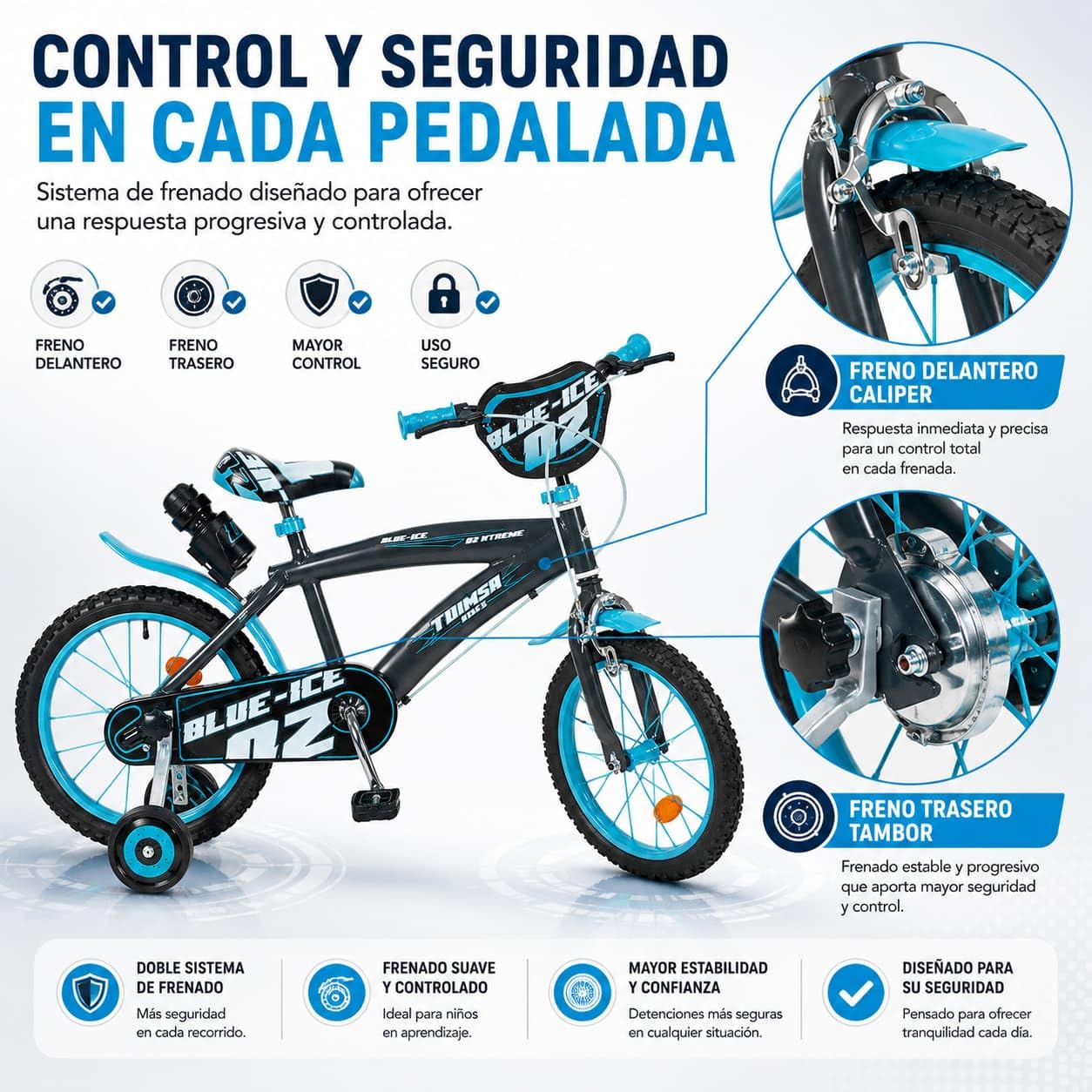 Kinderfahrrad Blue Ice 16 Zoll mit Stützrädern Trinkflasche 5-7 Jahre