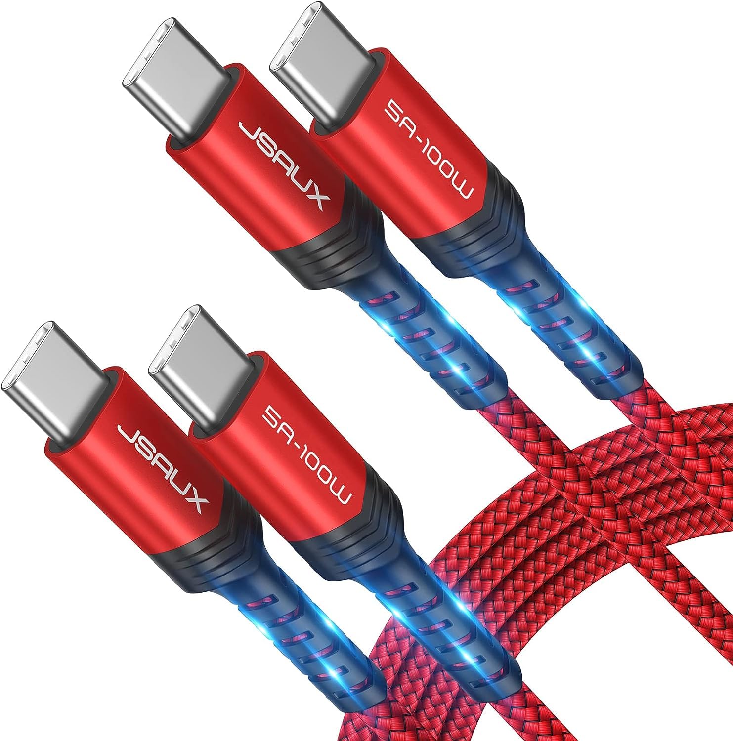 JSAUX 2-Pack 100W/5A Type C To Type C Cable Fast Charging 6.6Ft/2M Braided Usb C To Usb C Cable, 480Mbps Data Sync for iPhone 16/16 Plus/16 Pro/16 Pro Max/15, Galaxy S24/S23, MacBook, iPad, Pixel-Red