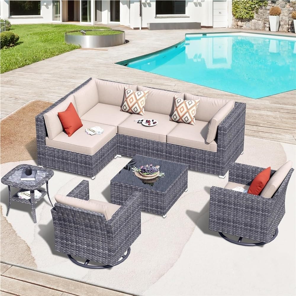 Beige Patio Conversation Set with Tea Table Outdoor Rattan Sofa 8 Pieces Outdoor Patio Porch Furniture Sets with Swivel Rocking Chairs