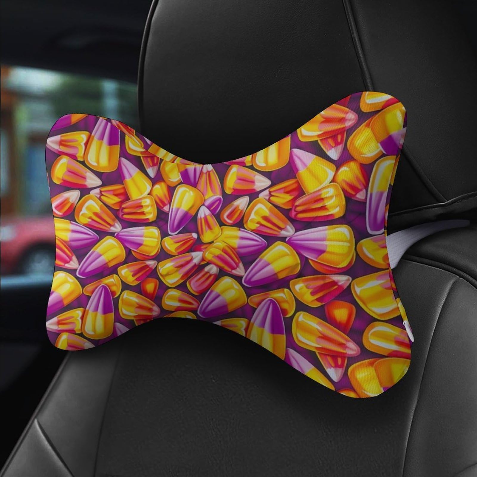 SMAZDFXX Candy Corn Halloween Car Neck Pillow Set of 2 Car Seat Head Support Cushion Bone Pillows with Elastic Strap