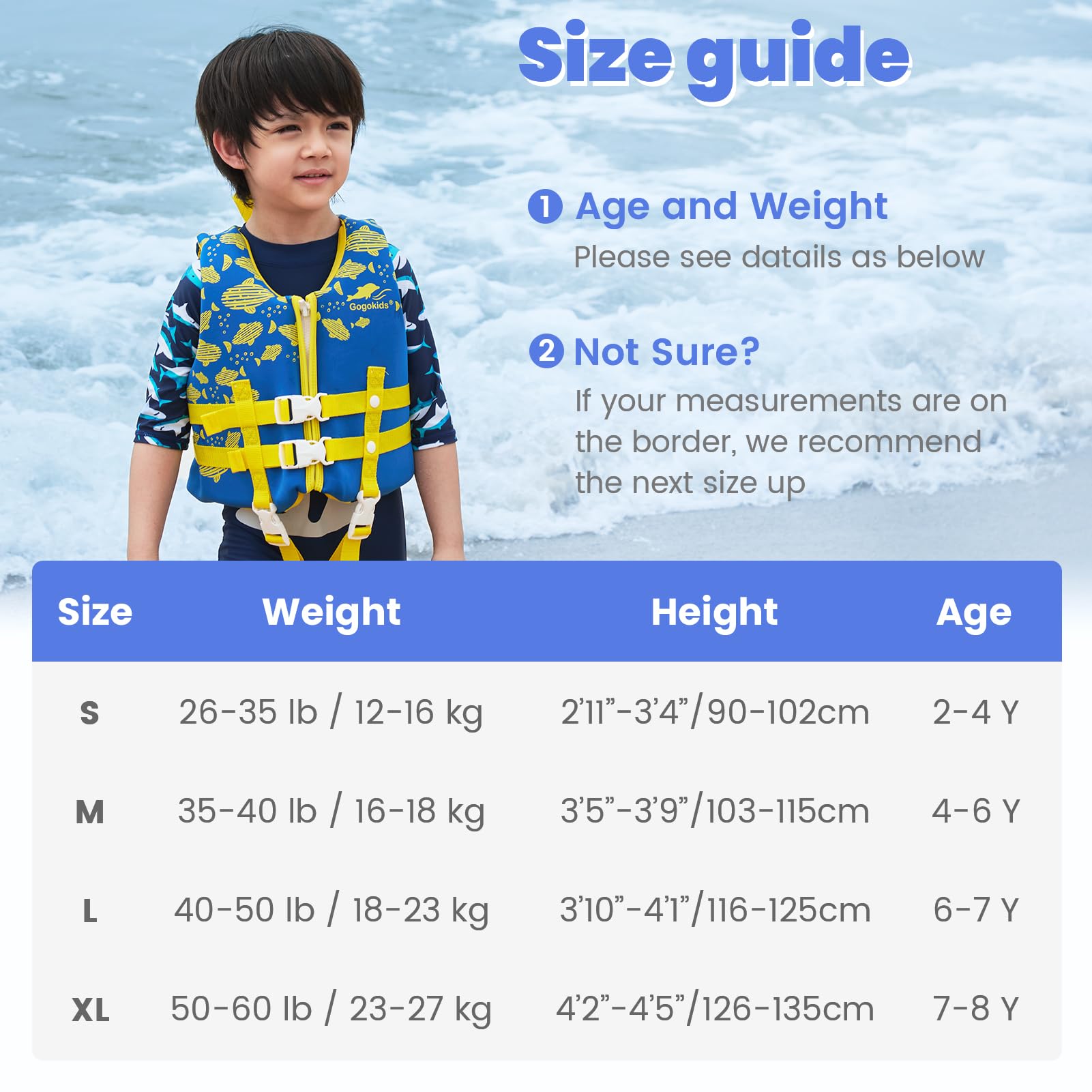 Gogokids Kids Swim Vest with Dual Adjustable Strap, Toddler Swim Vest for Kids 20-30-40-50-60 lbs, Child Swim Jackets for 2,3,4,5,6,7,8 Years Boys Girls