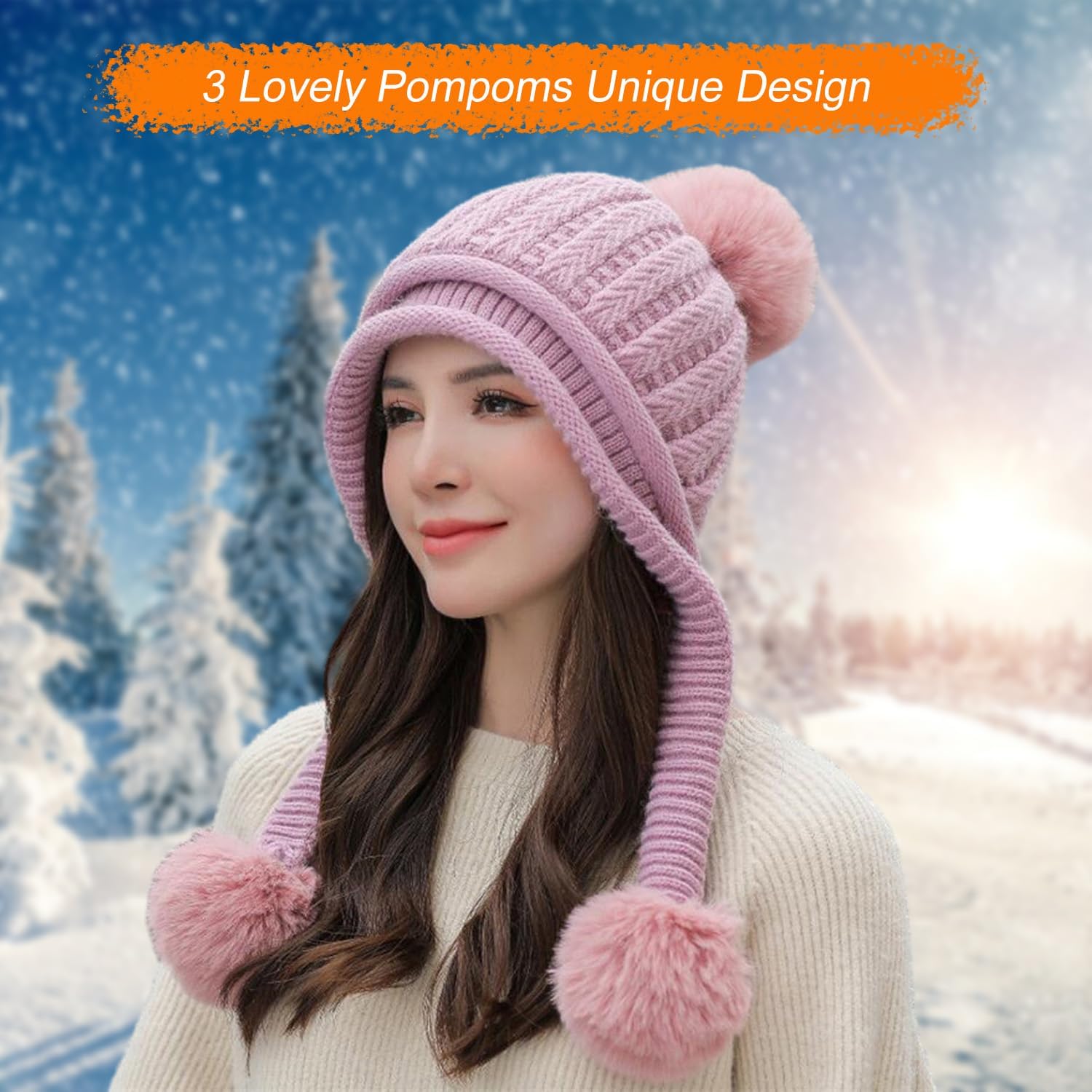 Women Winter Beanie Hat Circle Scarf Set Pompoms Peruvian Ski Snow Ear Flaps Cold Weather Warm Sherpa Knit Hats Fleece Lined - Image 7